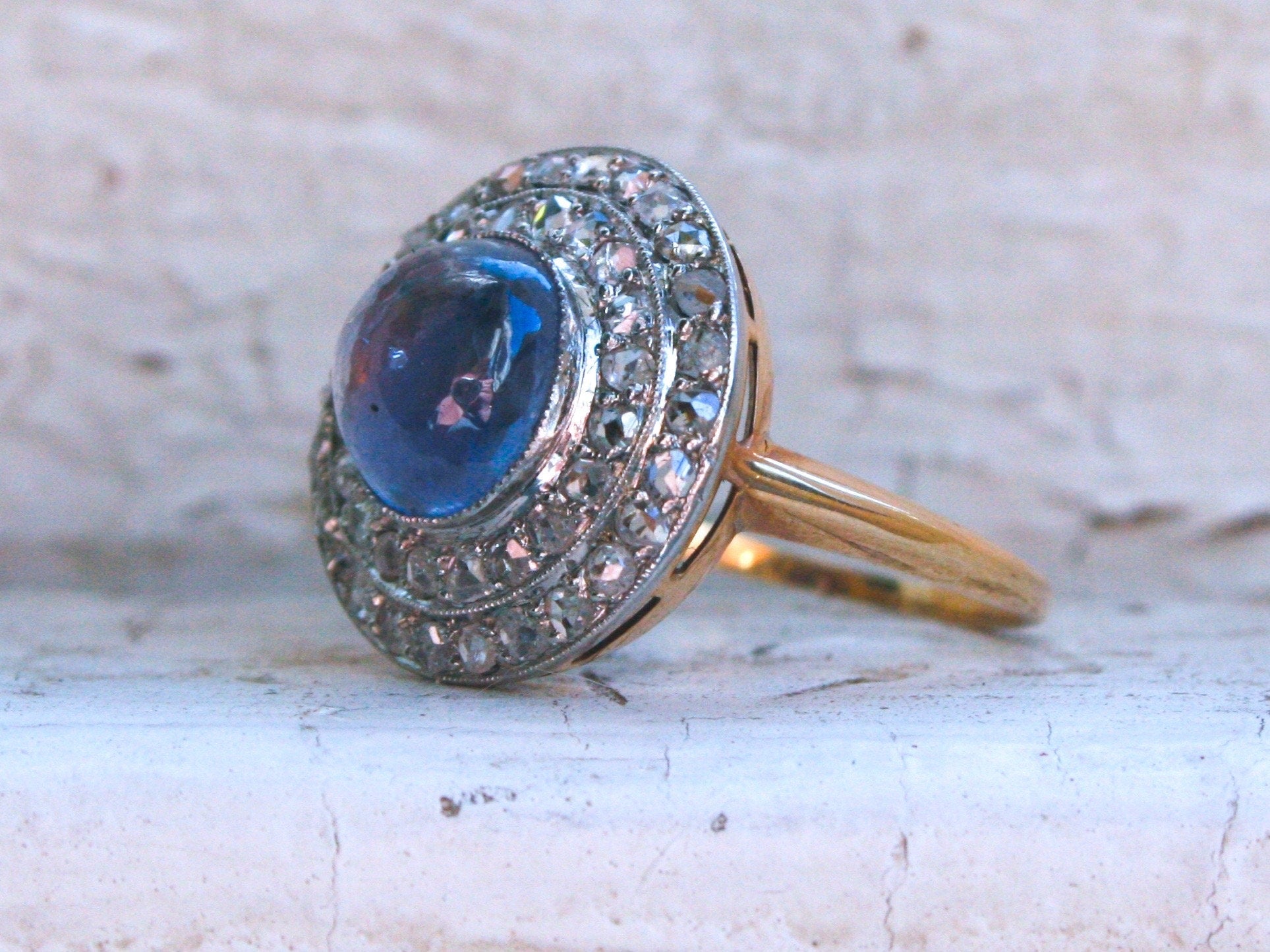 Beautiful Antique 14K Yellow Gold/ Platinum Diamond and Sapphire Cabochon Engagement Ring - 3.69ct.