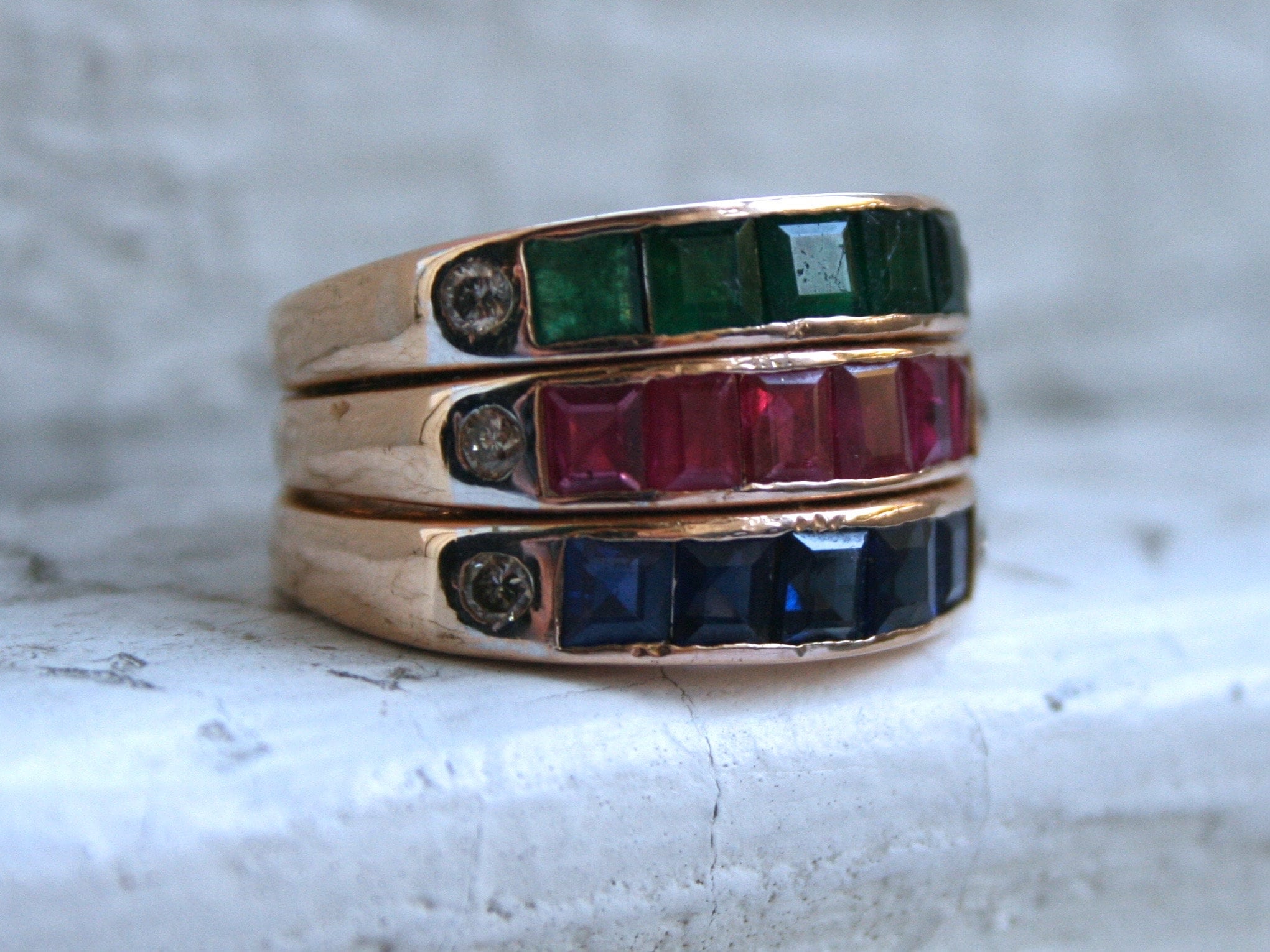Vintage 14K Yellow Gold Wide Band Ring with Rubies, Emeralds, Diamonds, Sapphires, and Diamonds.