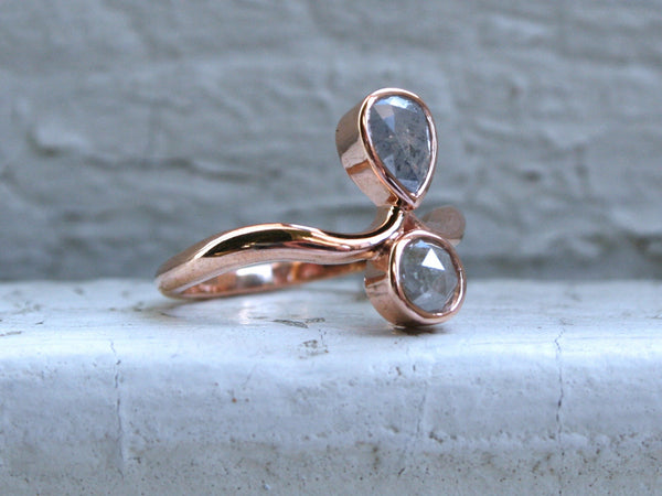 18K Rose Gold Twin Stone Diamond Ring - Pear & Round Rose Cut, 0.75ct