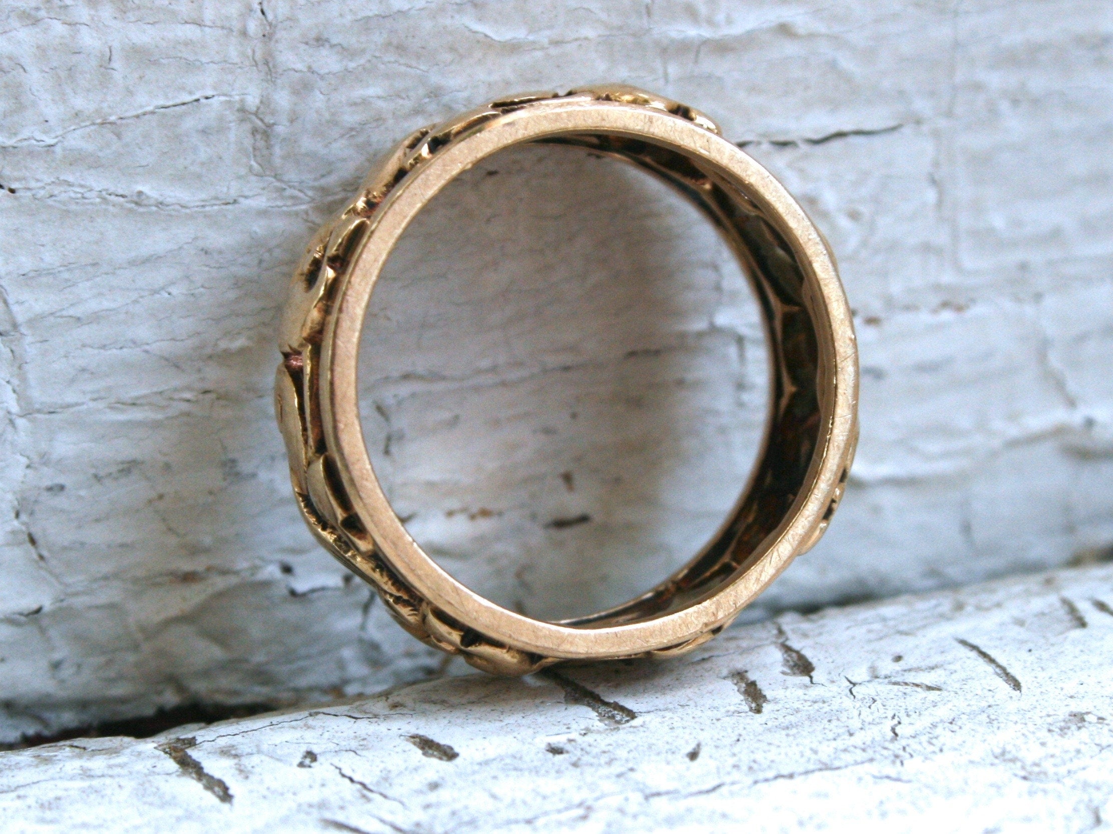Amazing Vintage Floral Patterned 14K Yellow Gold Wide Wedding Band.