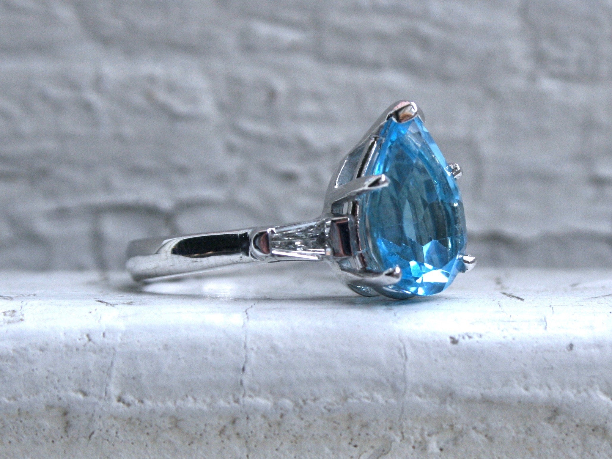 Fantastic Retro Vintage 14K White Gold Blue Topaz Ring with Diamond Accents - 3.95ct.