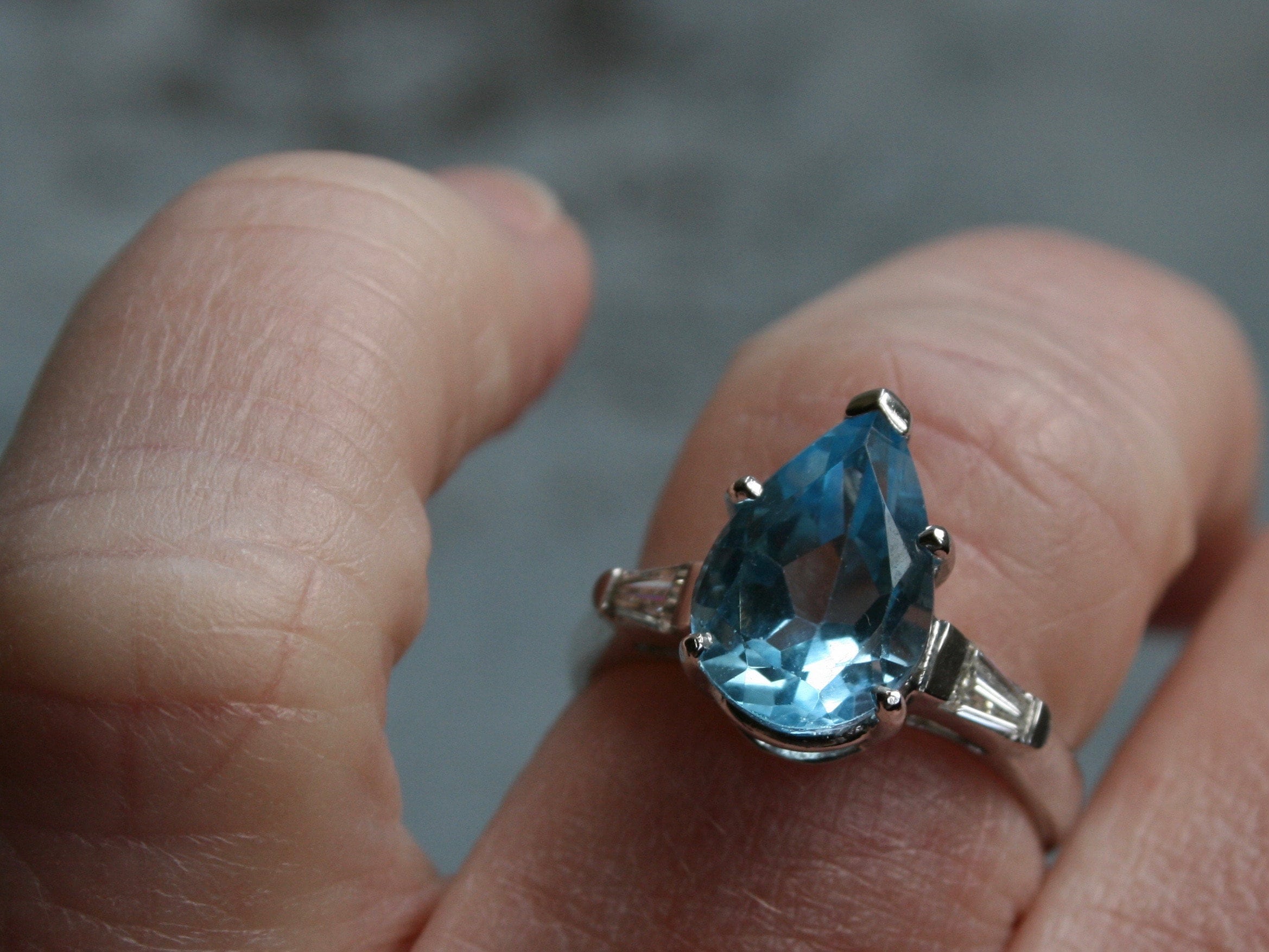 Fantastic Retro Vintage 14K White Gold Blue Topaz Ring with Diamond Accents - 3.95ct.