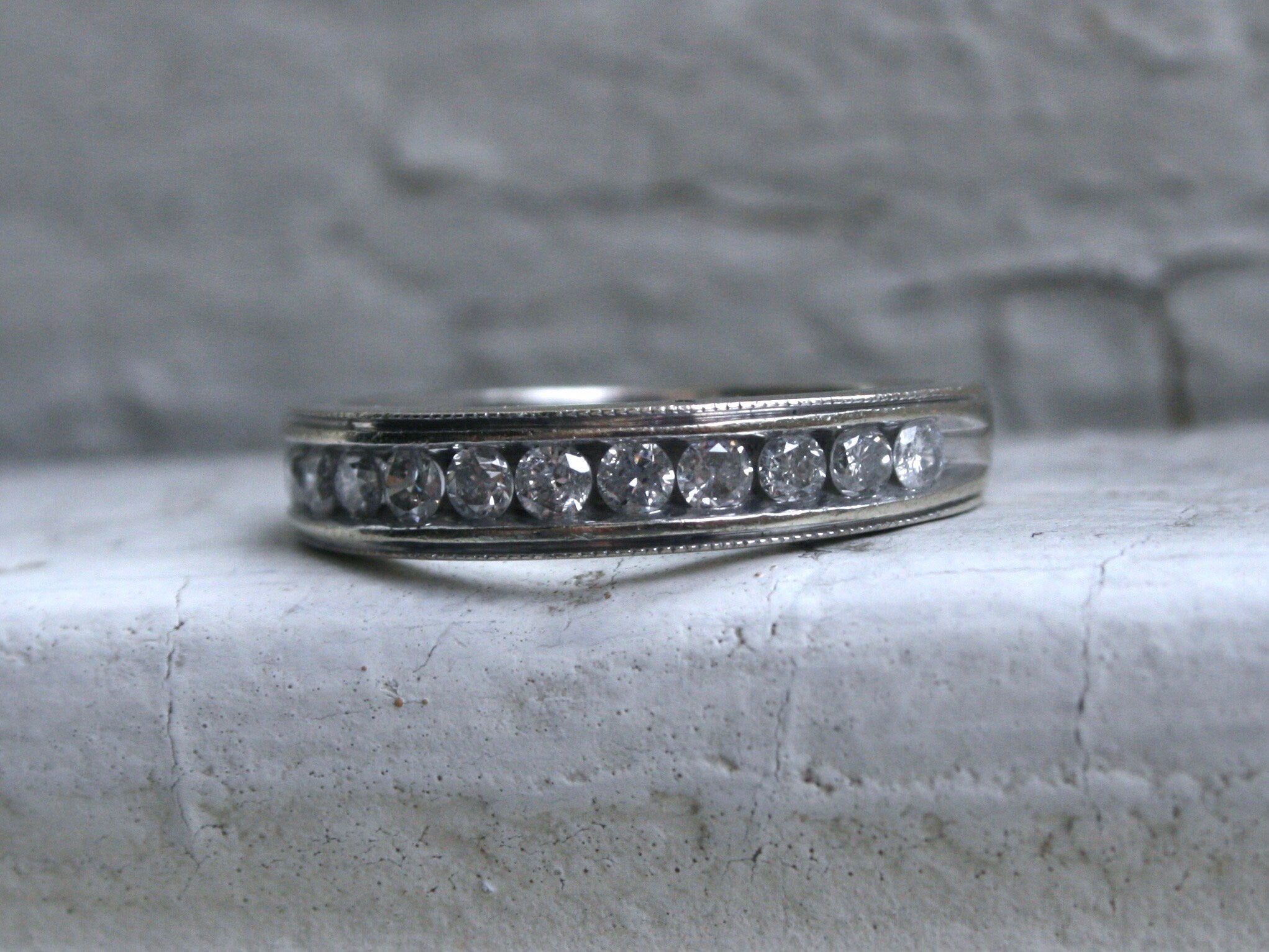Vintage Beaded Channel 14K White Gold Diamond Wedding Band - 0.48ct