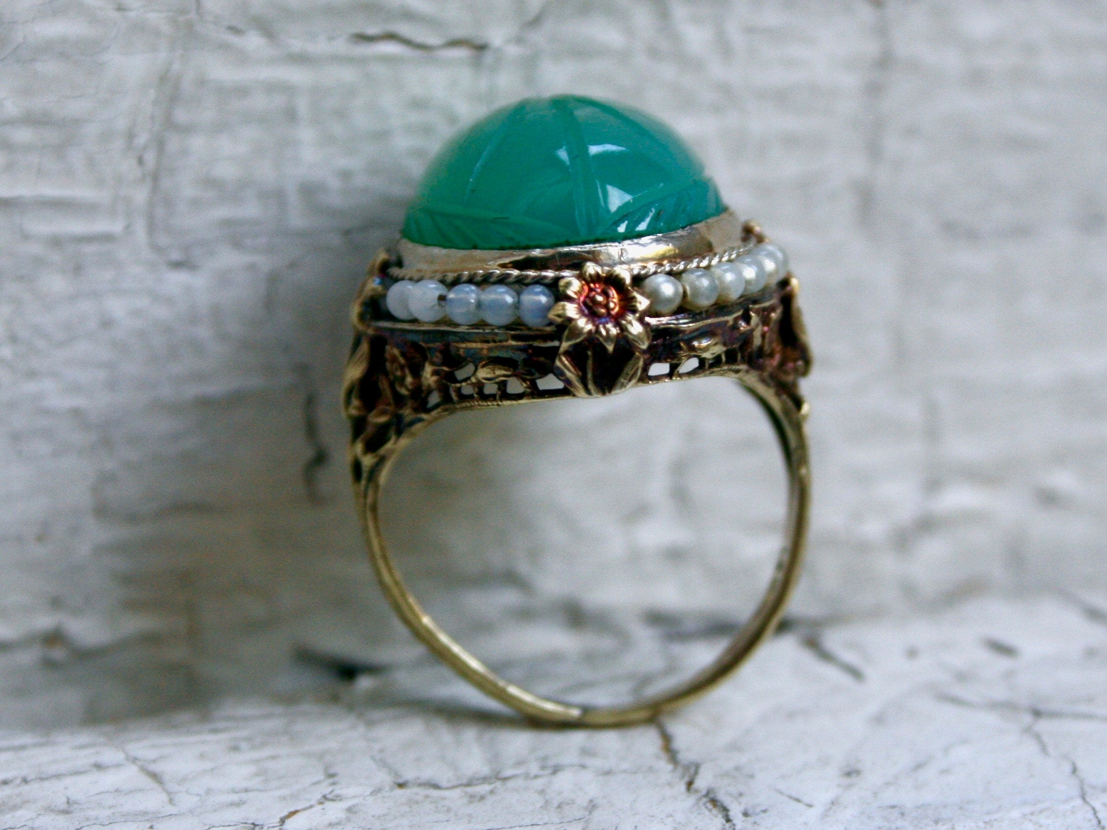 Antique 14K Yellow Gold Carved Green Chalcedony Ring Filigree Engagement Ring - 15ct.