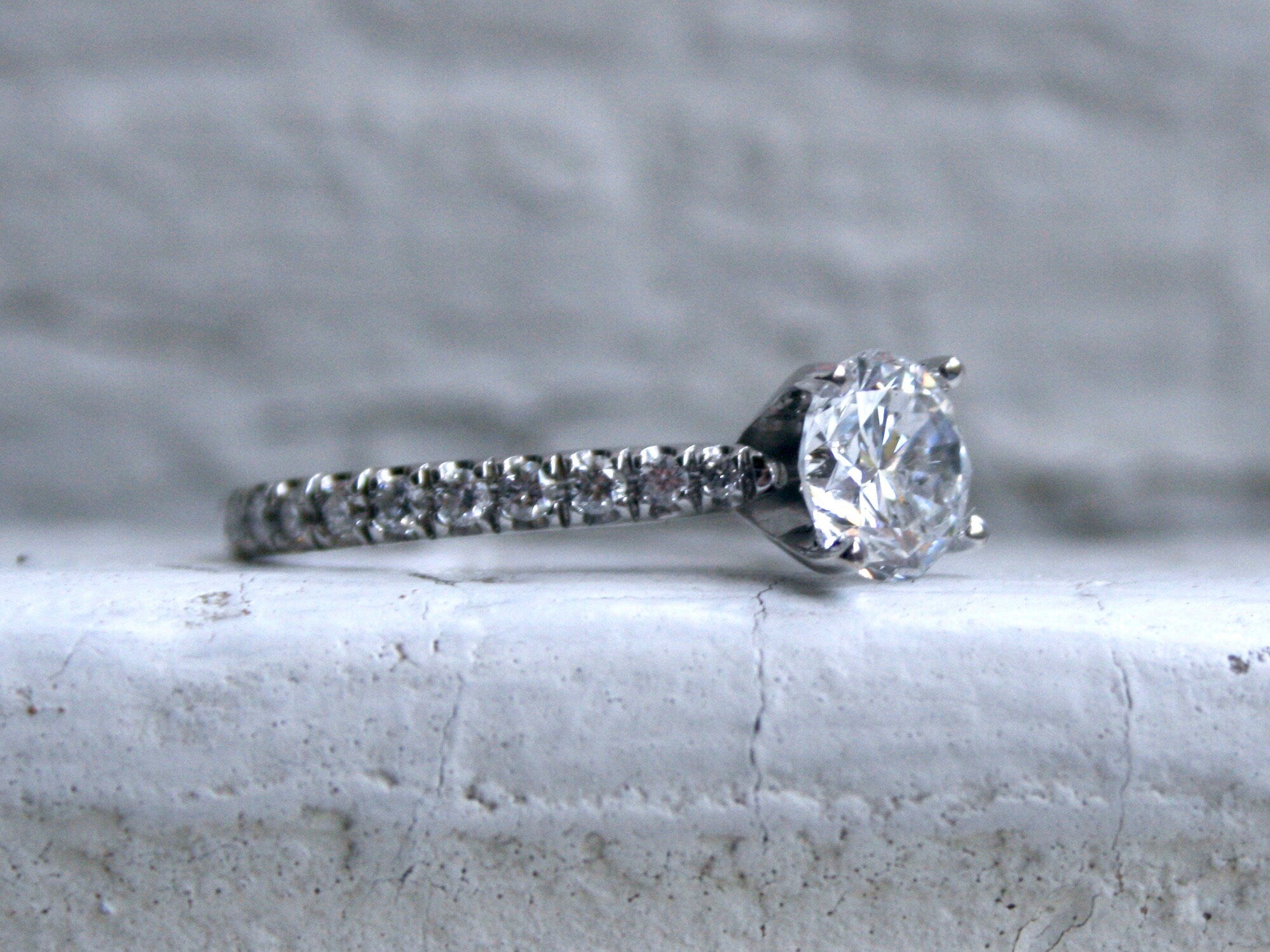 Stunning Simple Vintage 18K White Gold Micro Pave Diamond Ring Engagement Ring - 1.62ct.