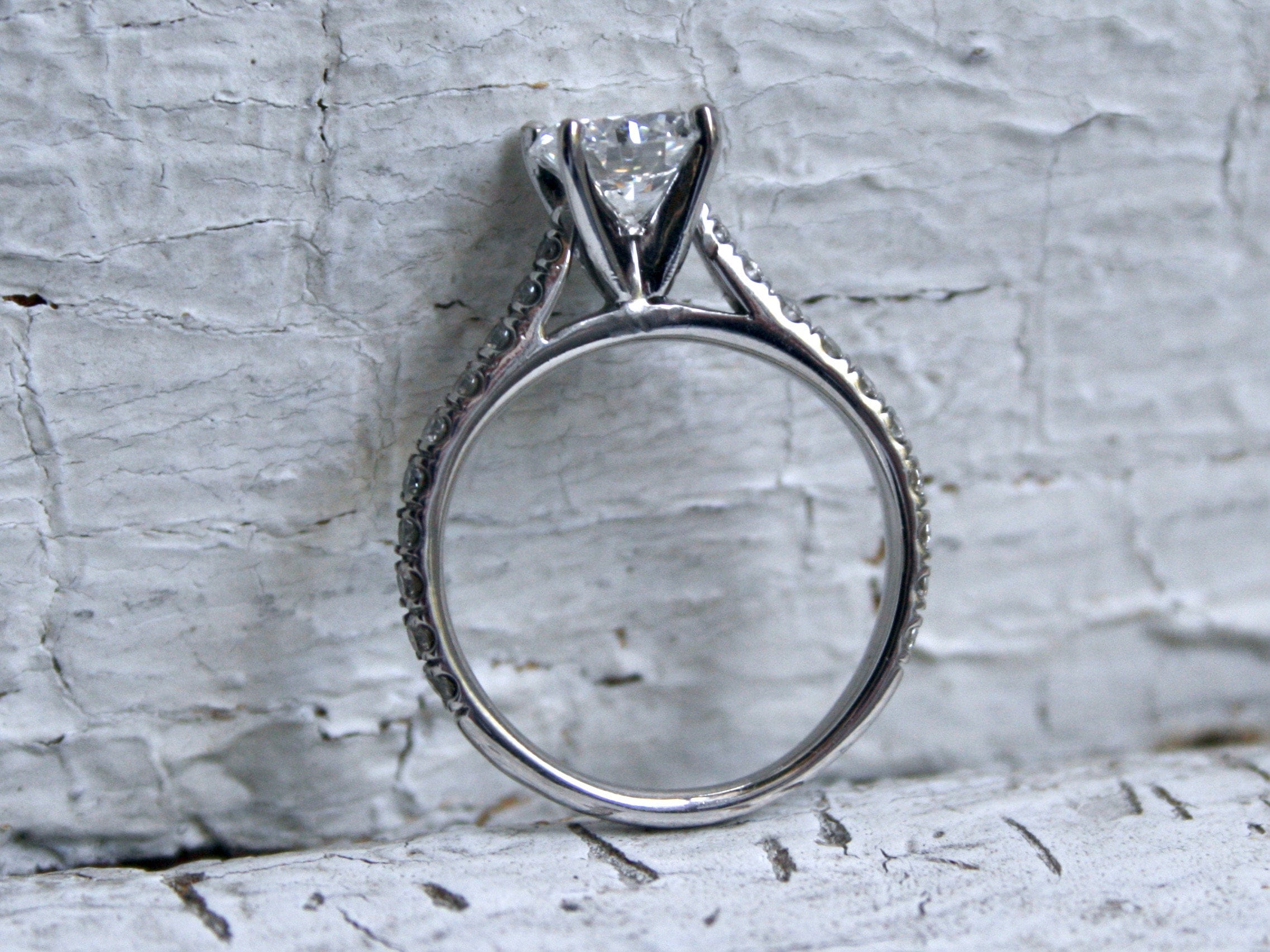 Stunning Simple Vintage 18K White Gold Micro Pave Diamond Ring Engagement Ring - 1.62ct.
