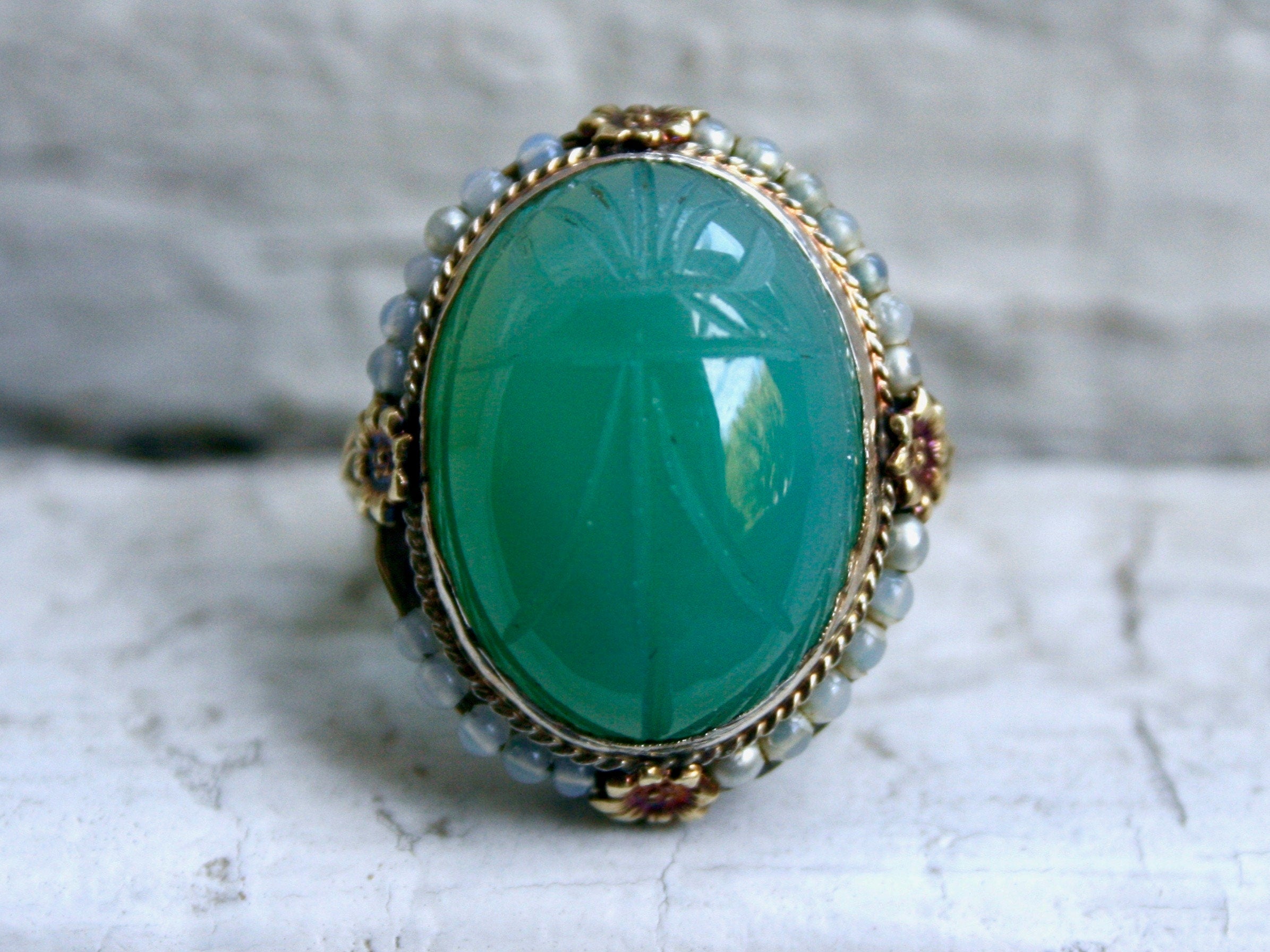 Green Chalcedony cushion cut bezel set ring - Danique Jewelry