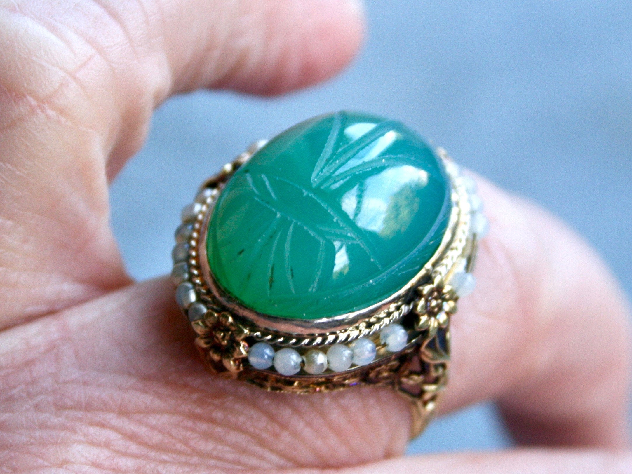Antique 14K Yellow Gold Carved Green Chalcedony Ring Filigree Engagement Ring - 15ct.