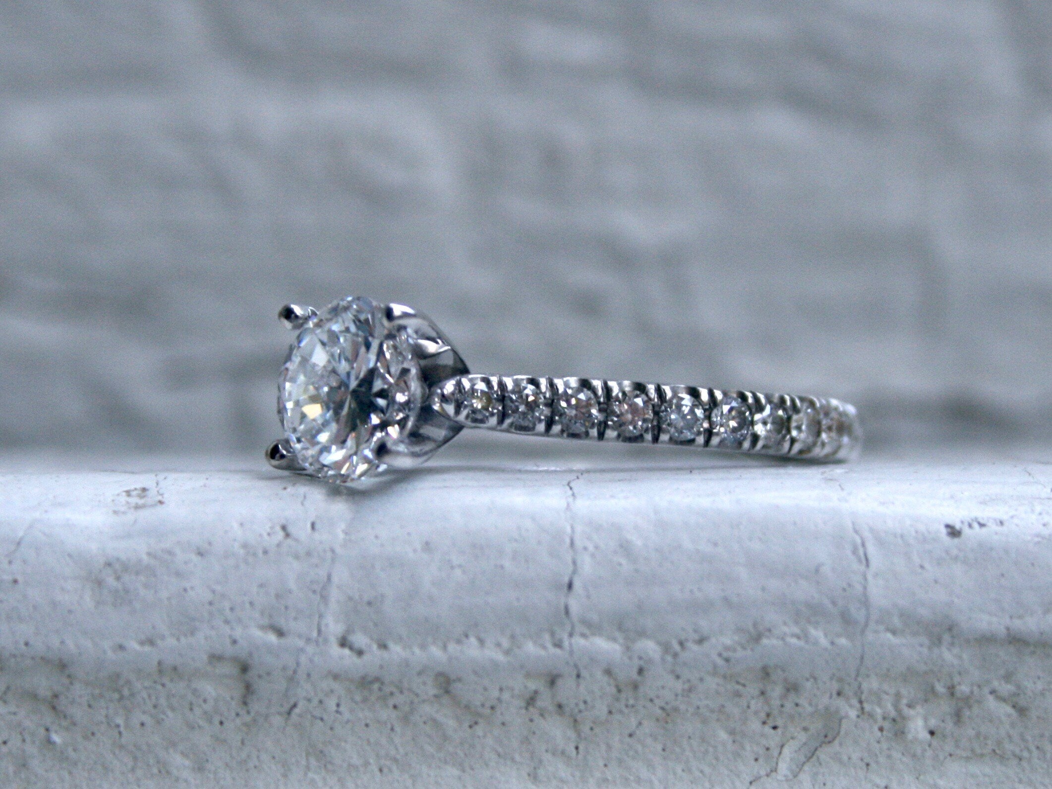 Stunning Simple Vintage 18K White Gold Micro Pave Diamond Ring Engagement Ring - 1.62ct.