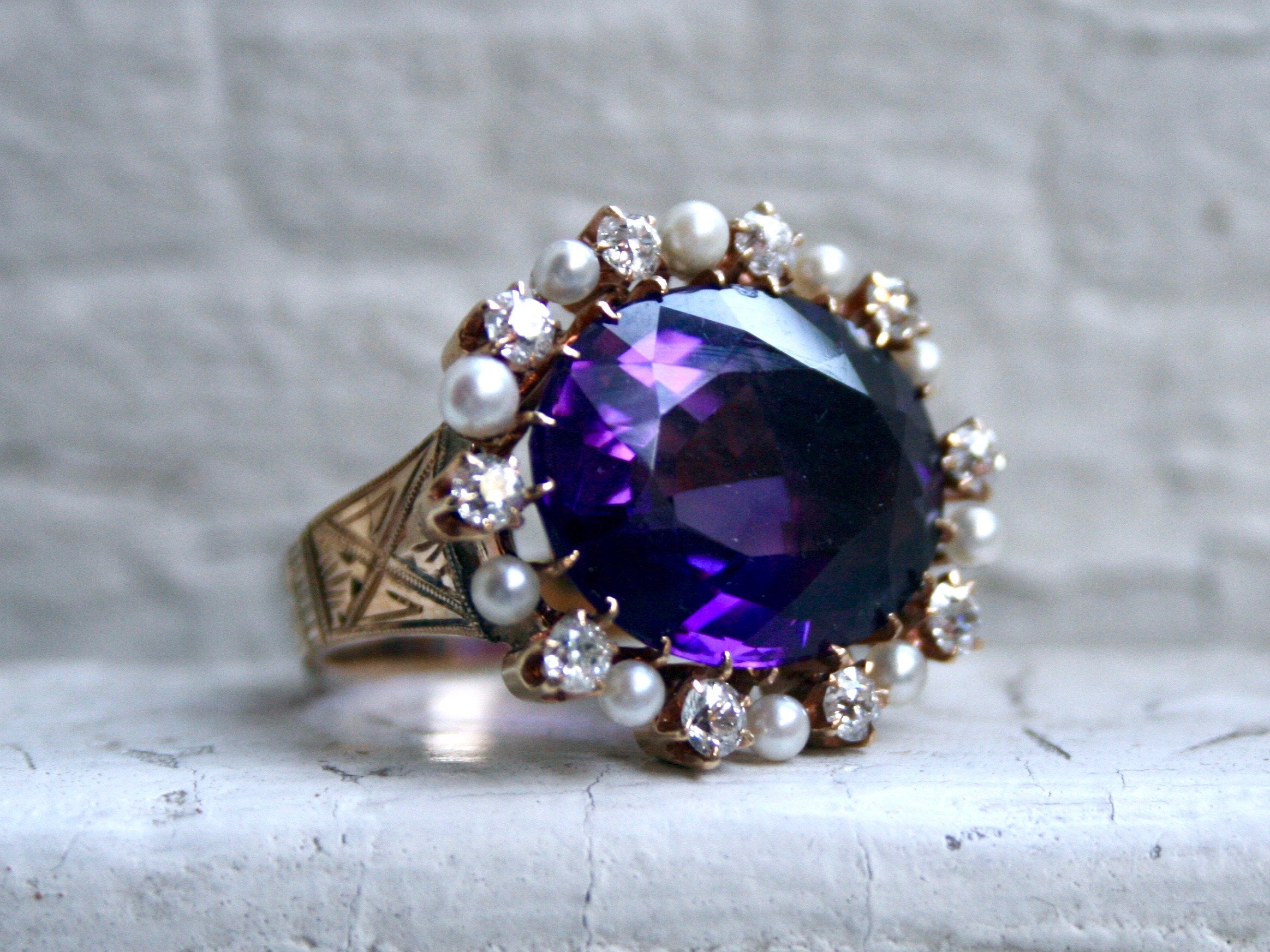 Outstanding Antique 14K Yellow Gold Amethyst Ring with Diamond and Pearl Halo - 15.70ct.