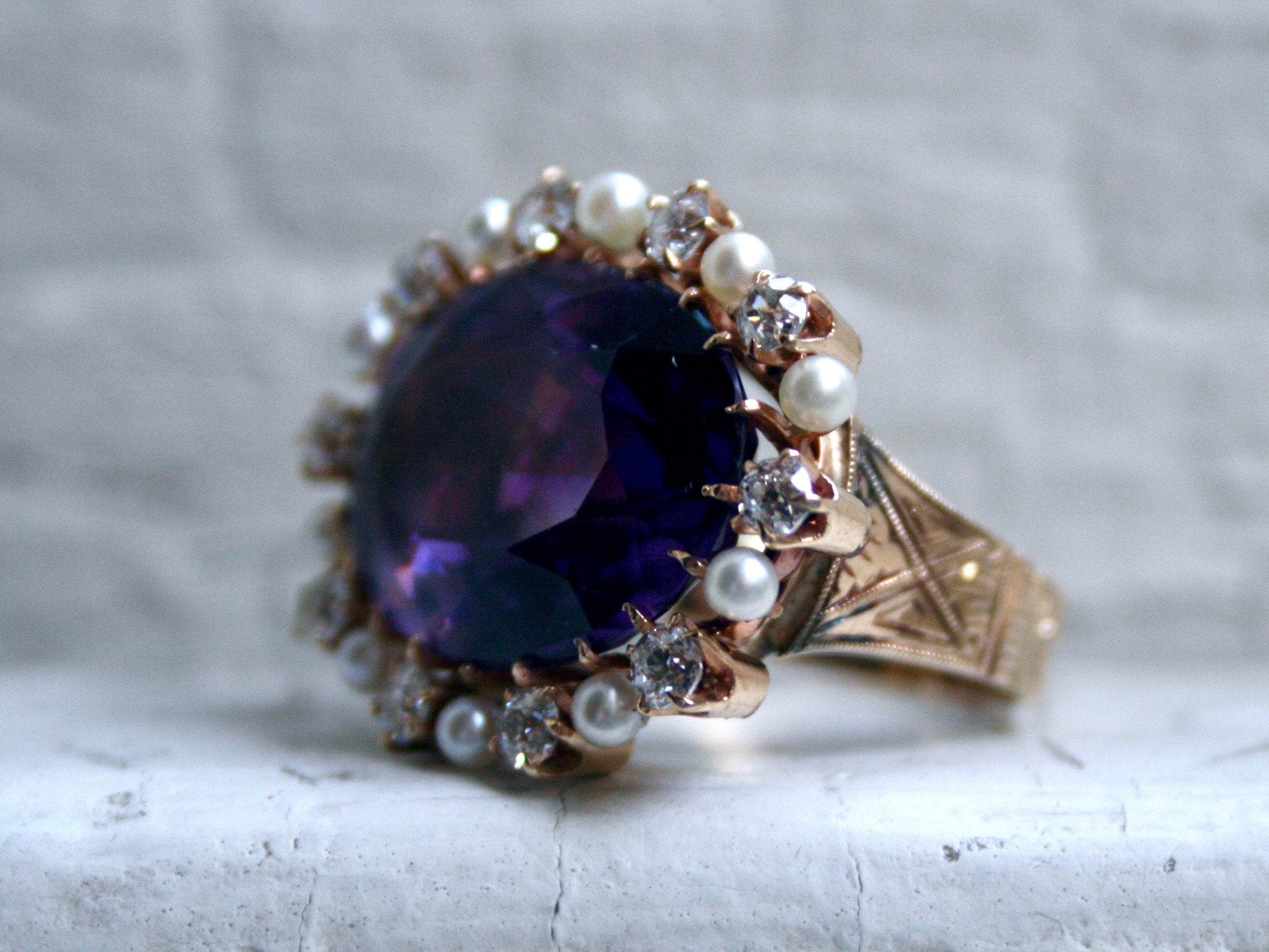 Outstanding Antique 14K Yellow Gold Amethyst Ring with Diamond and Pearl Halo - 15.70ct.