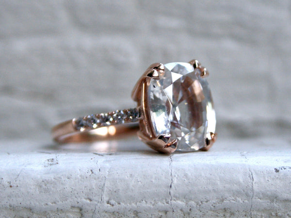 Handmade 14K Rose Gold Cushion Zircon Ring with Pave Diamonds