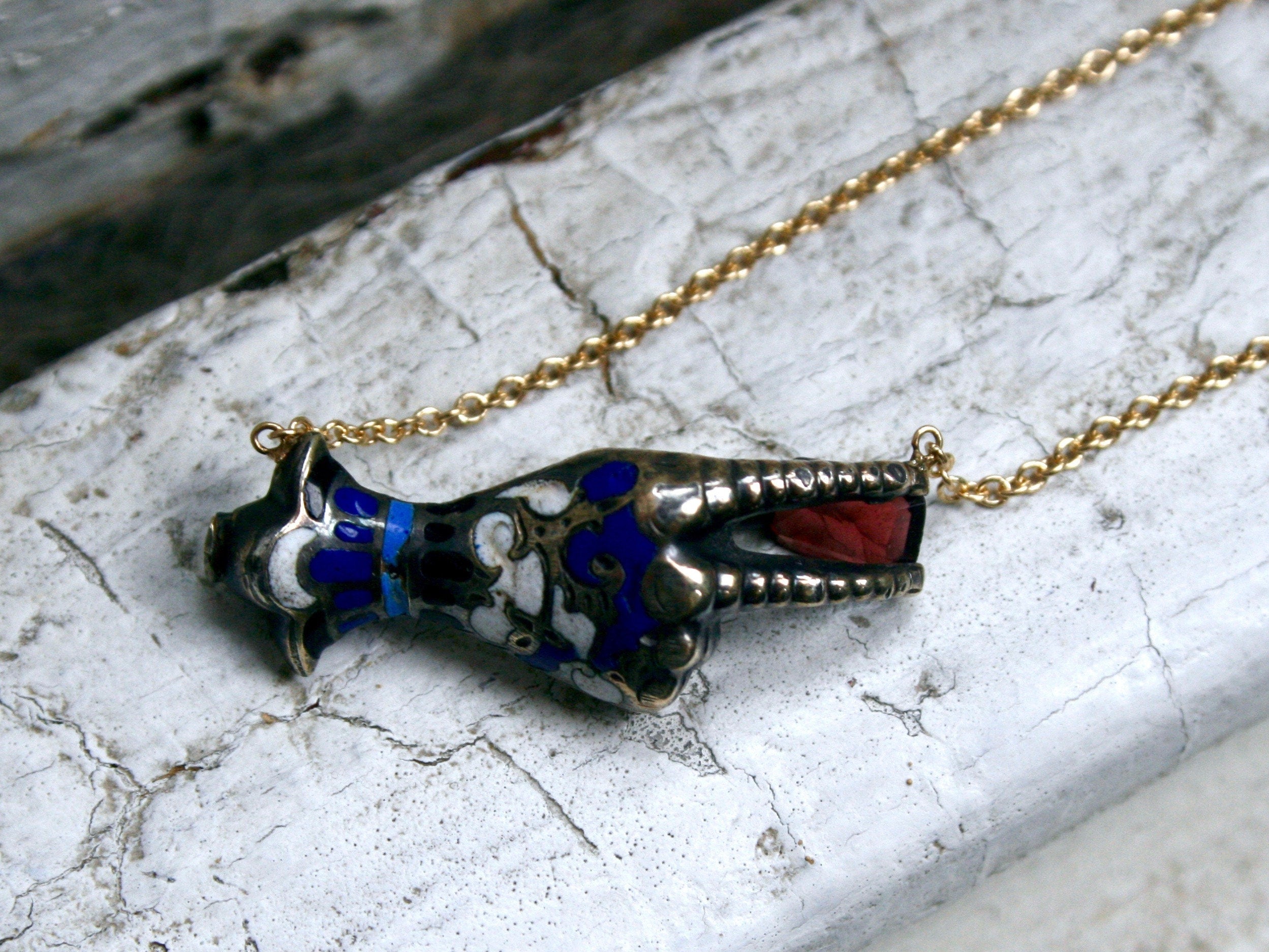 Antique Silver/ 14K Yellow Gold Hand Pendant with Garnet and Enamel Necklace.