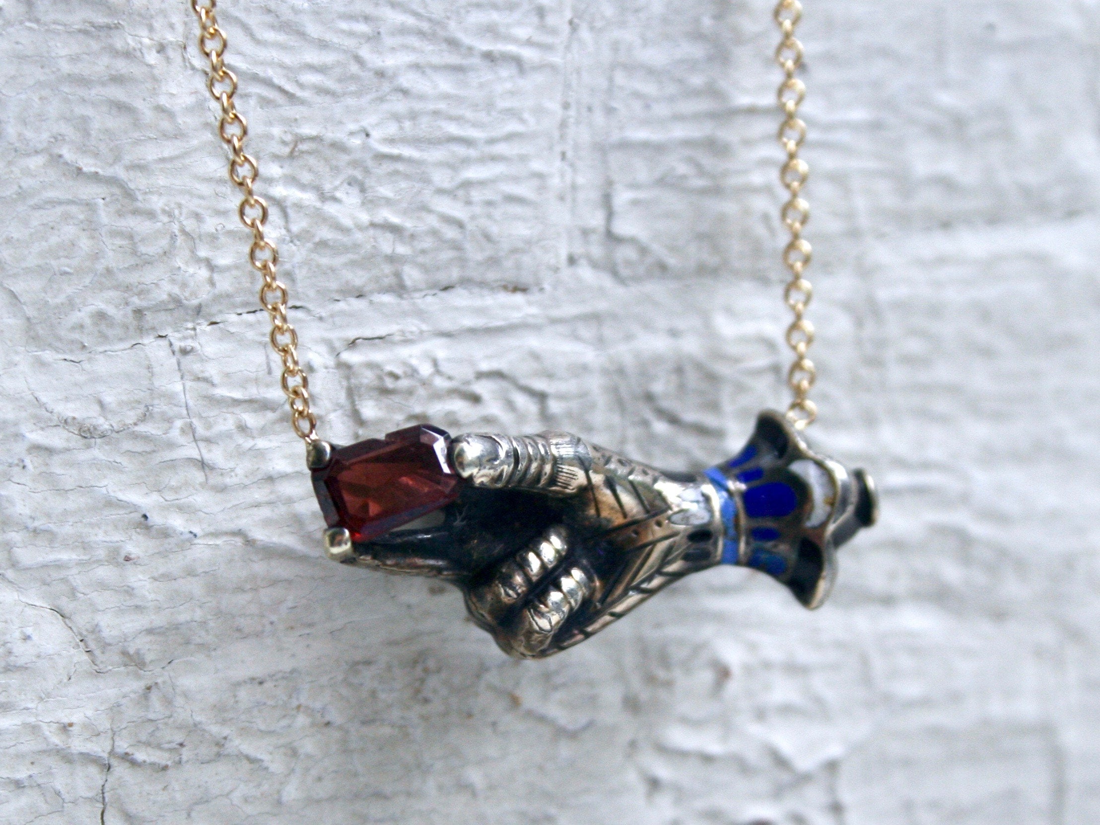 Antique Silver/ 14K Yellow Gold Hand Pendant with Garnet and Enamel Necklace.