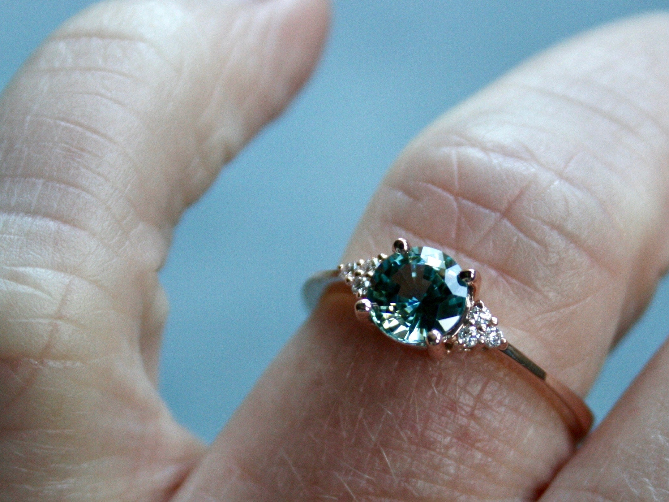 Beautiful 14K Rose Gold Diamond and Sapphire Cluster Ring Engagement Ring- 1.28ct.