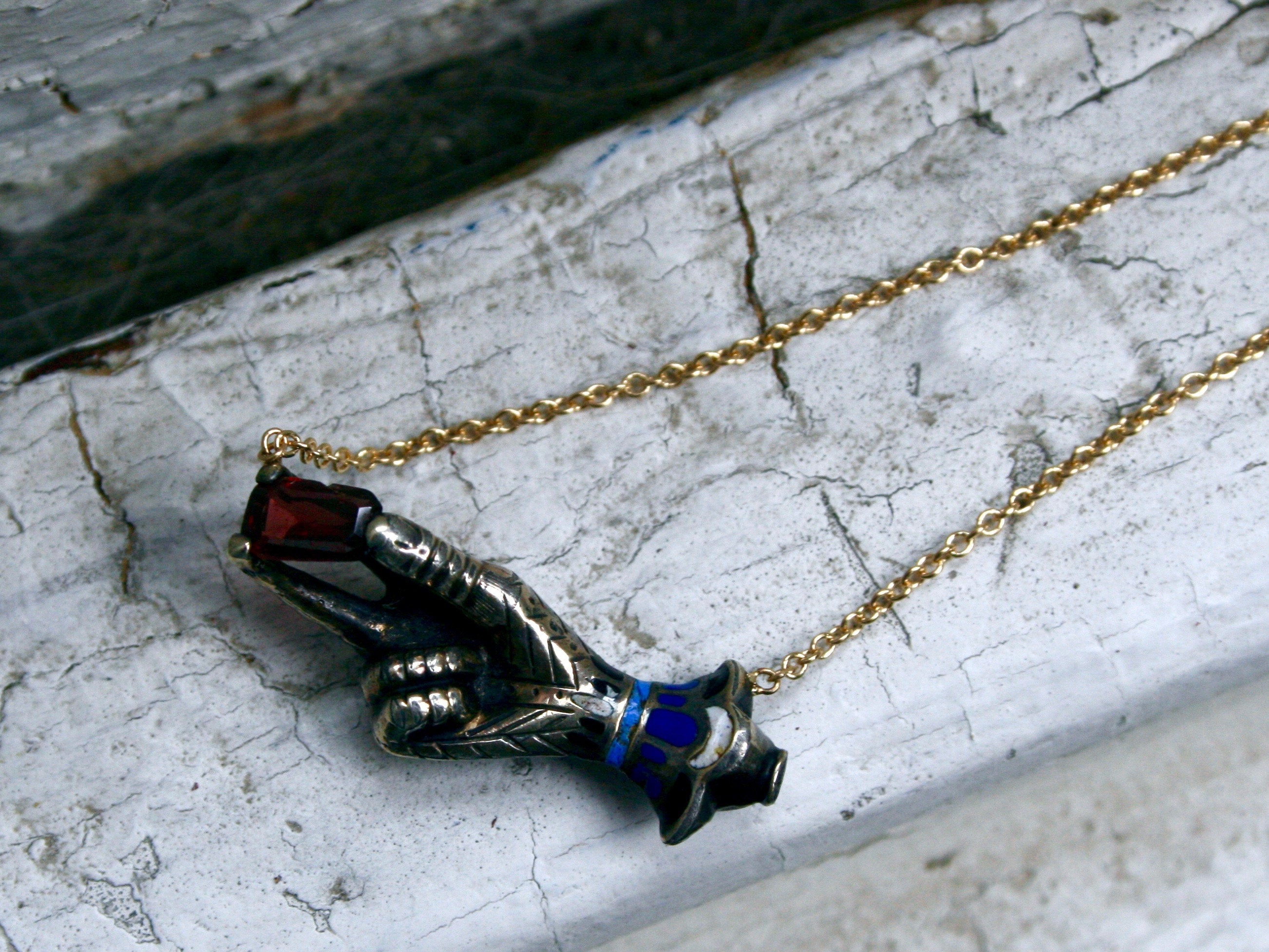 Antique Silver/ 14K Yellow Gold Hand Pendant with Garnet and Enamel Necklace.