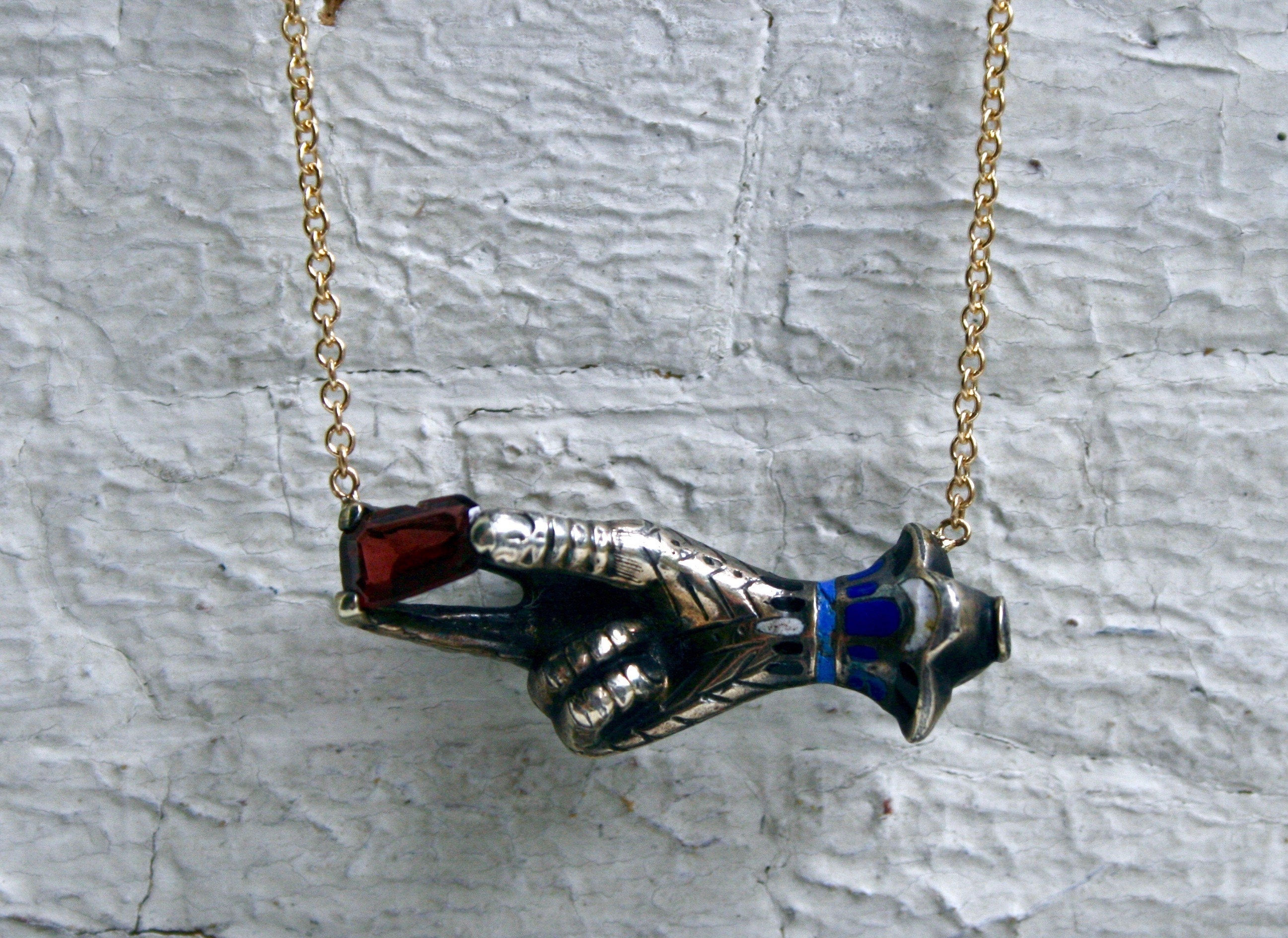 Antique Silver/ 14K Yellow Gold Hand Pendant with Garnet and Enamel Necklace.
