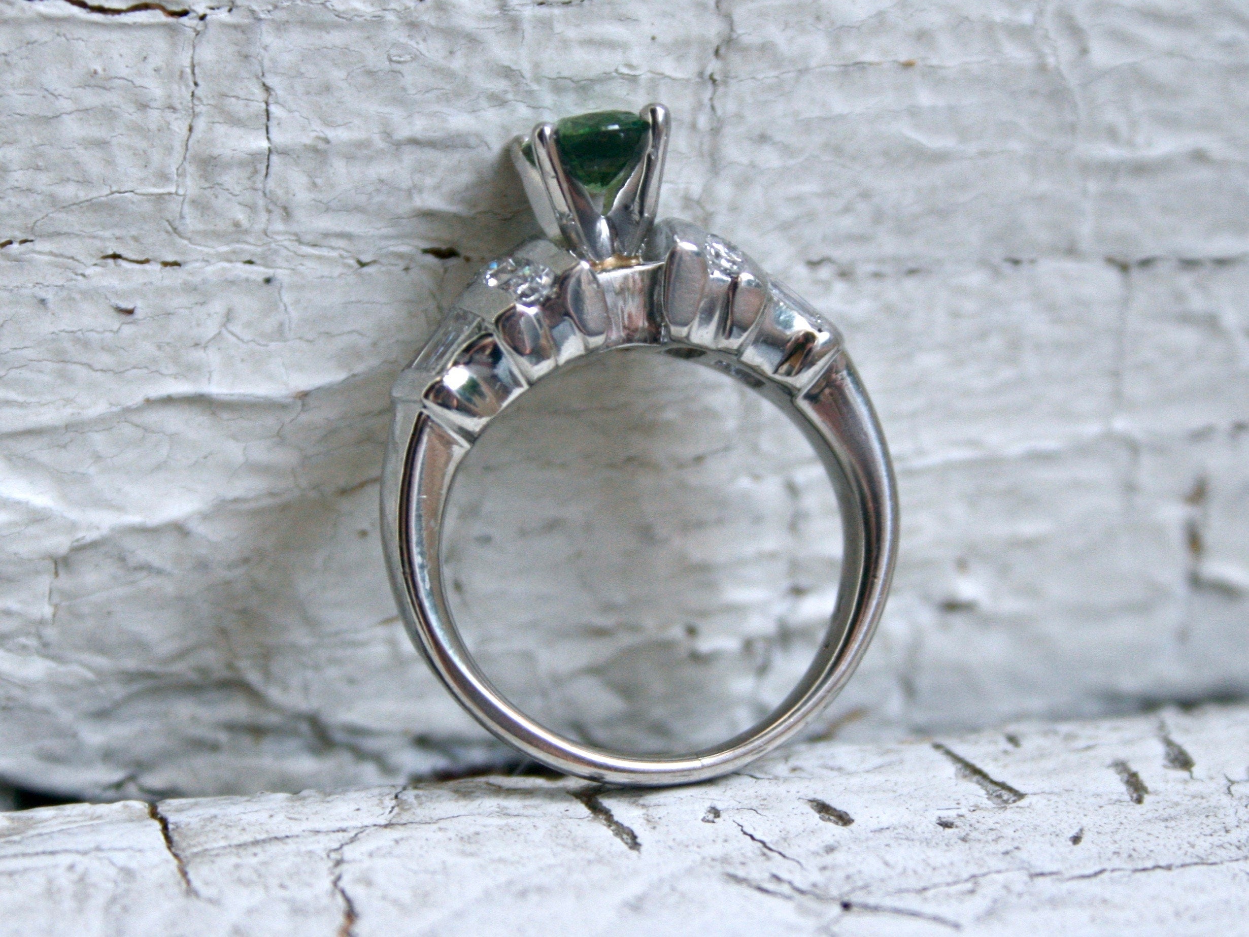 Vintage Platinum Green Sapphire and Diamond Ring Engagement Ring - 1.23ct