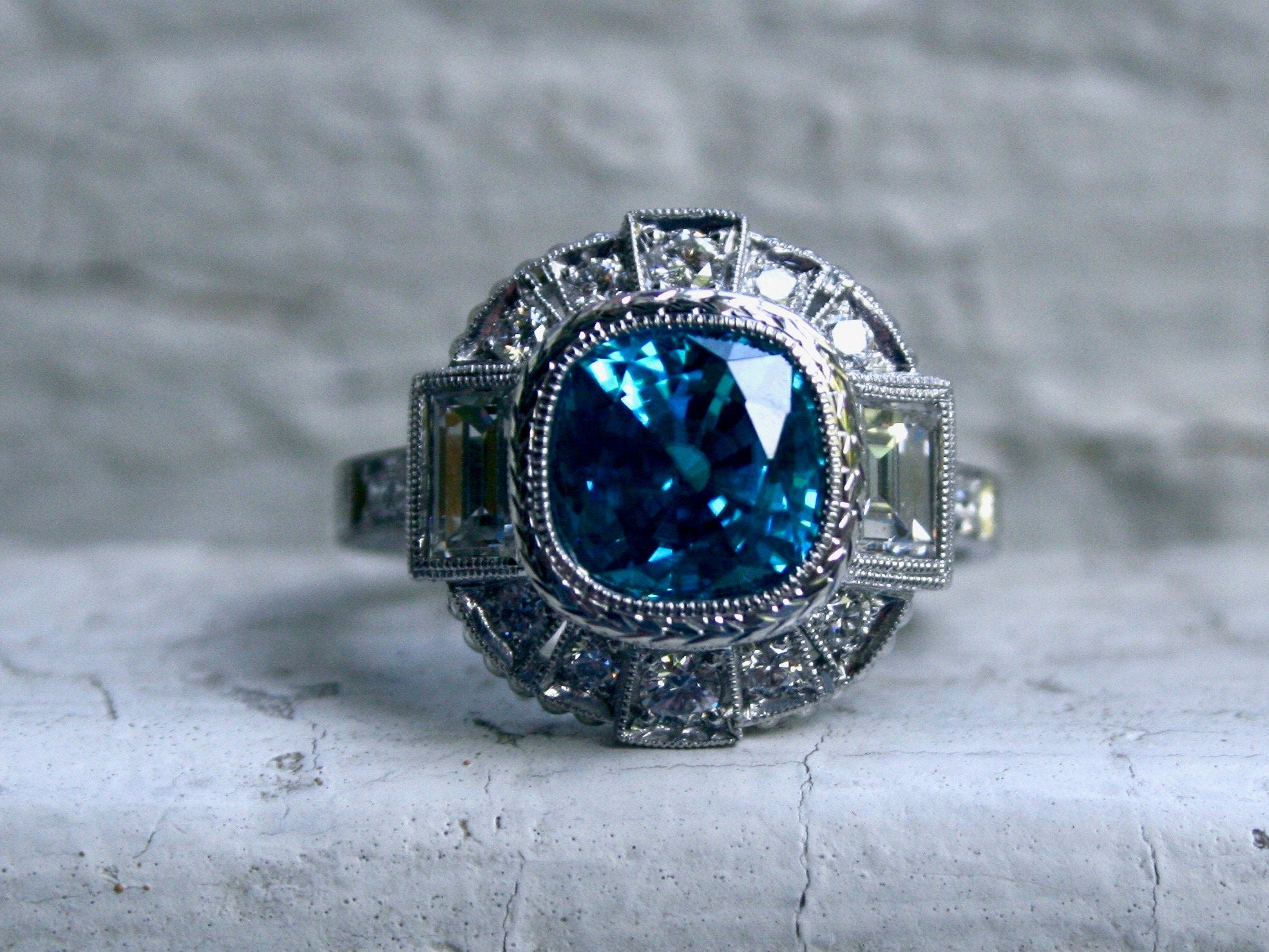 Platinum Art Deco Blue Zircon Ring – Diamond Halo Engagement Ring