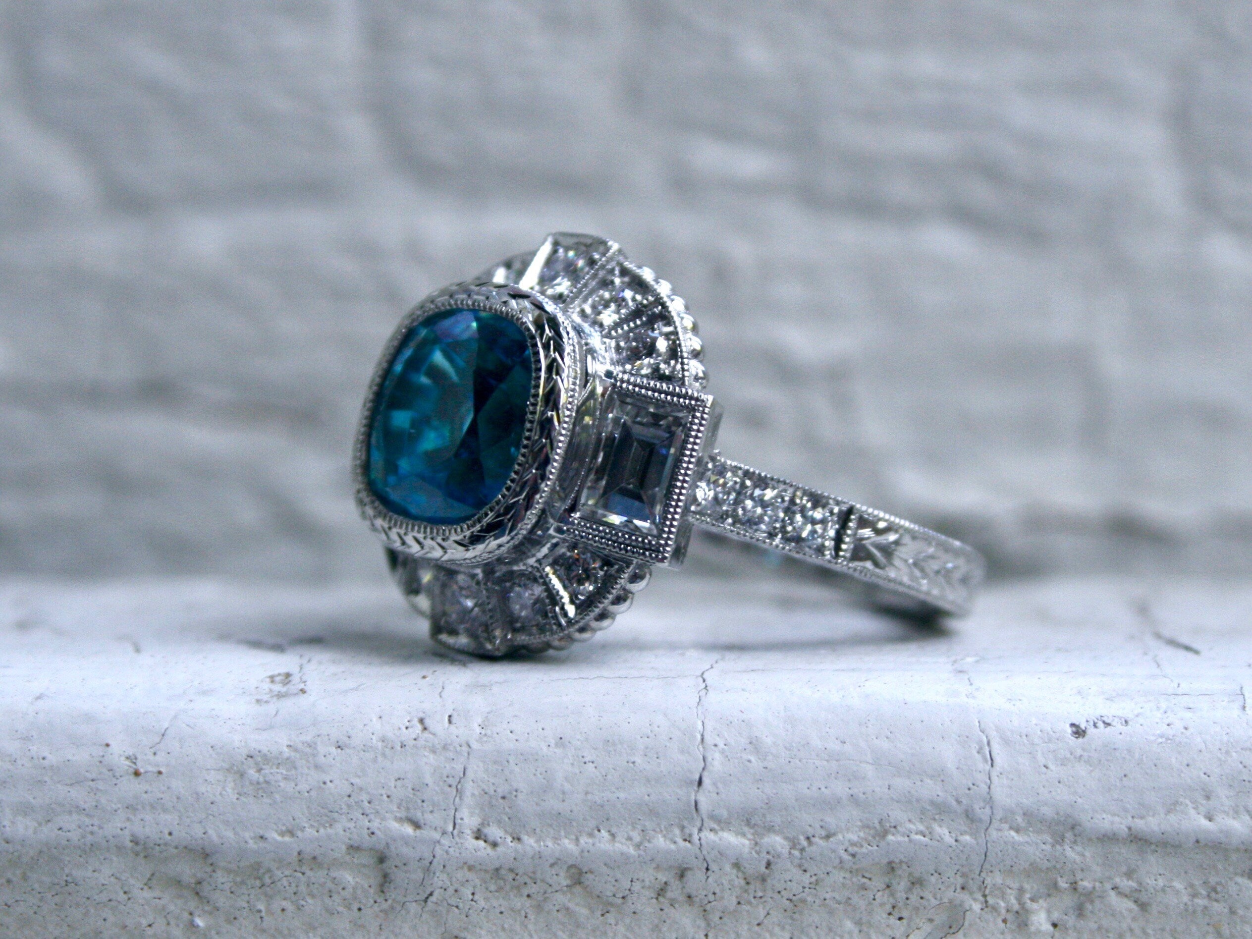 Stunning Platinum Diamond and Blue Zircon Ring Engagement Ring - 6.50ct.