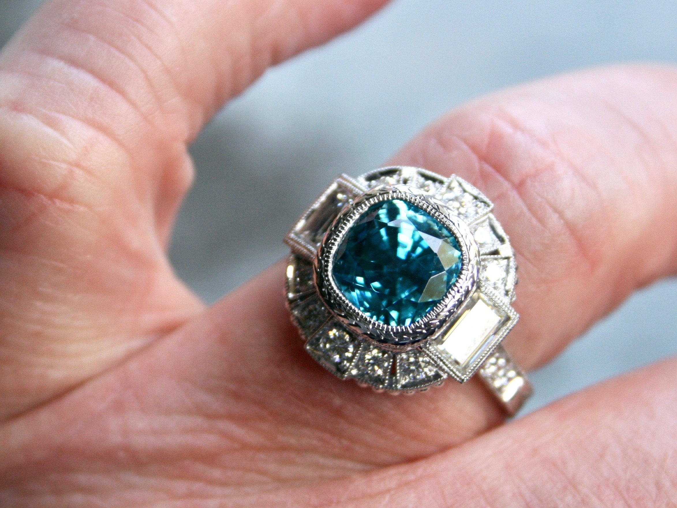 Stunning Platinum Diamond and Blue Zircon Ring Engagement Ring - 6.50ct.