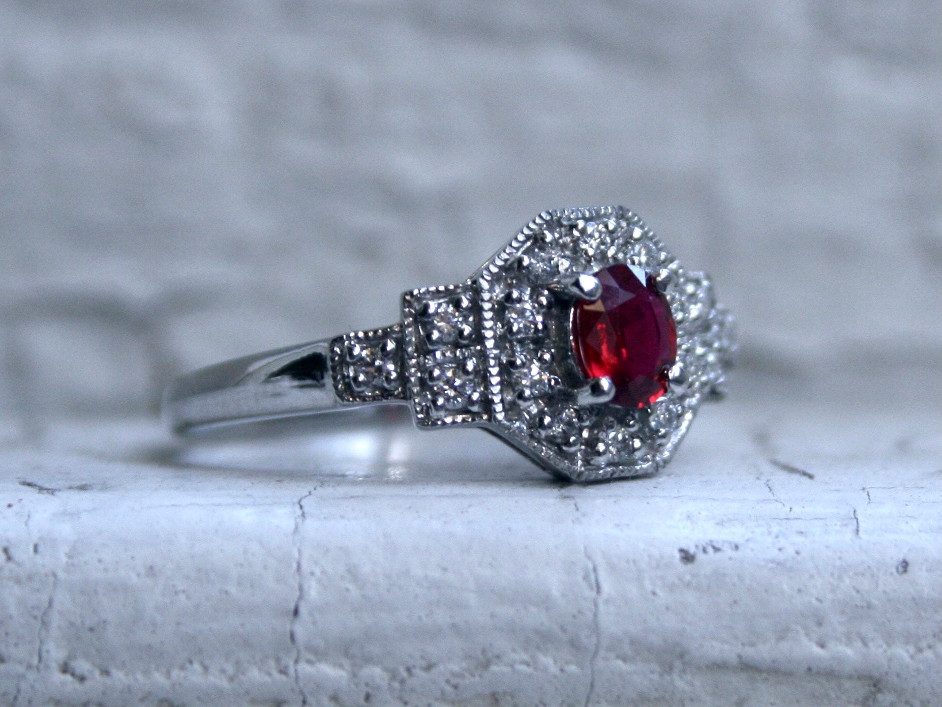 Lovely Art Deco Platinum Diamond and Ruby Ring Engagement Ring Wedding Ring- 0.82ct.