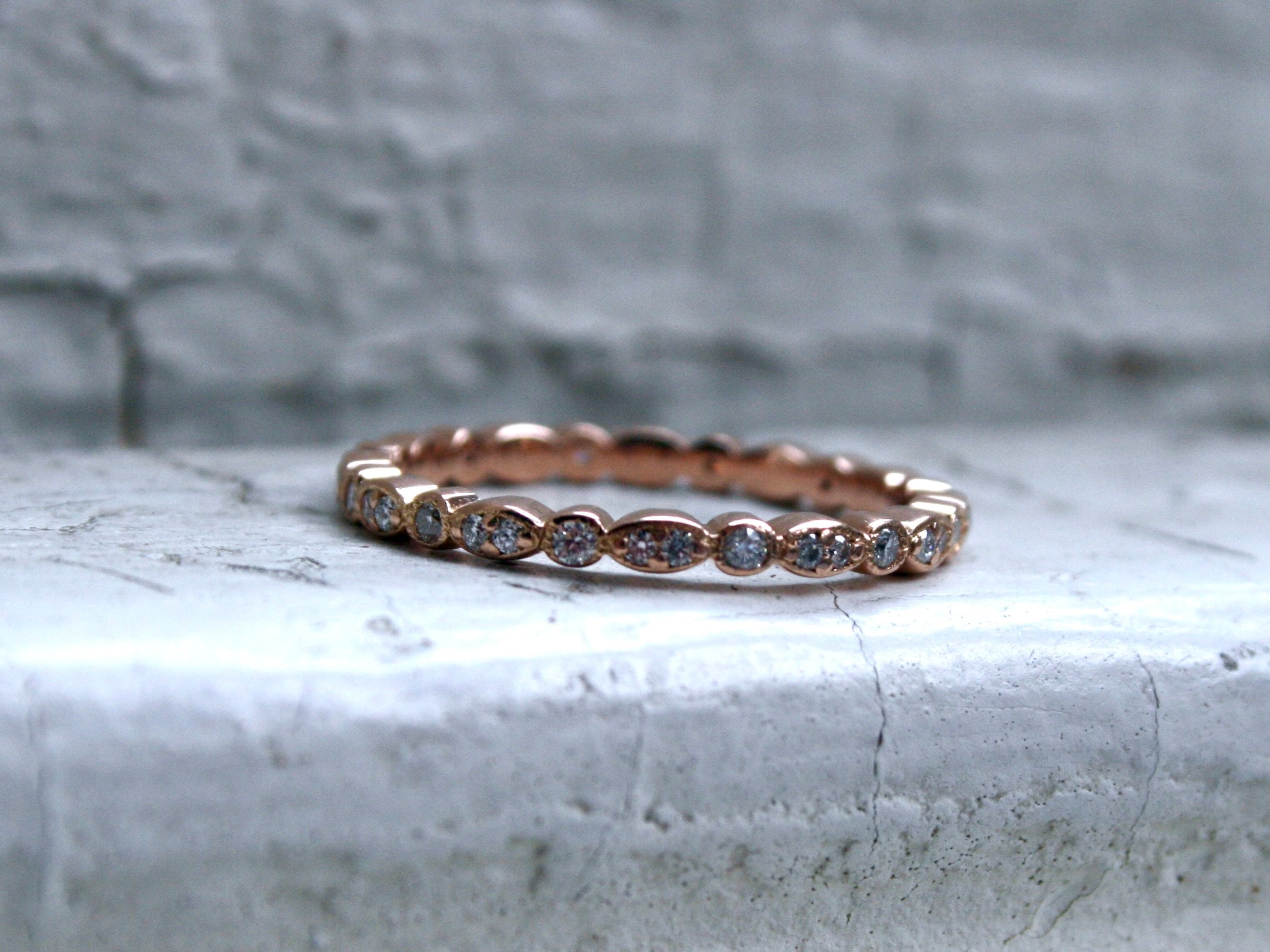 Vintage 14K Rose Gold Pave Diamond Eternity Wedding Band.