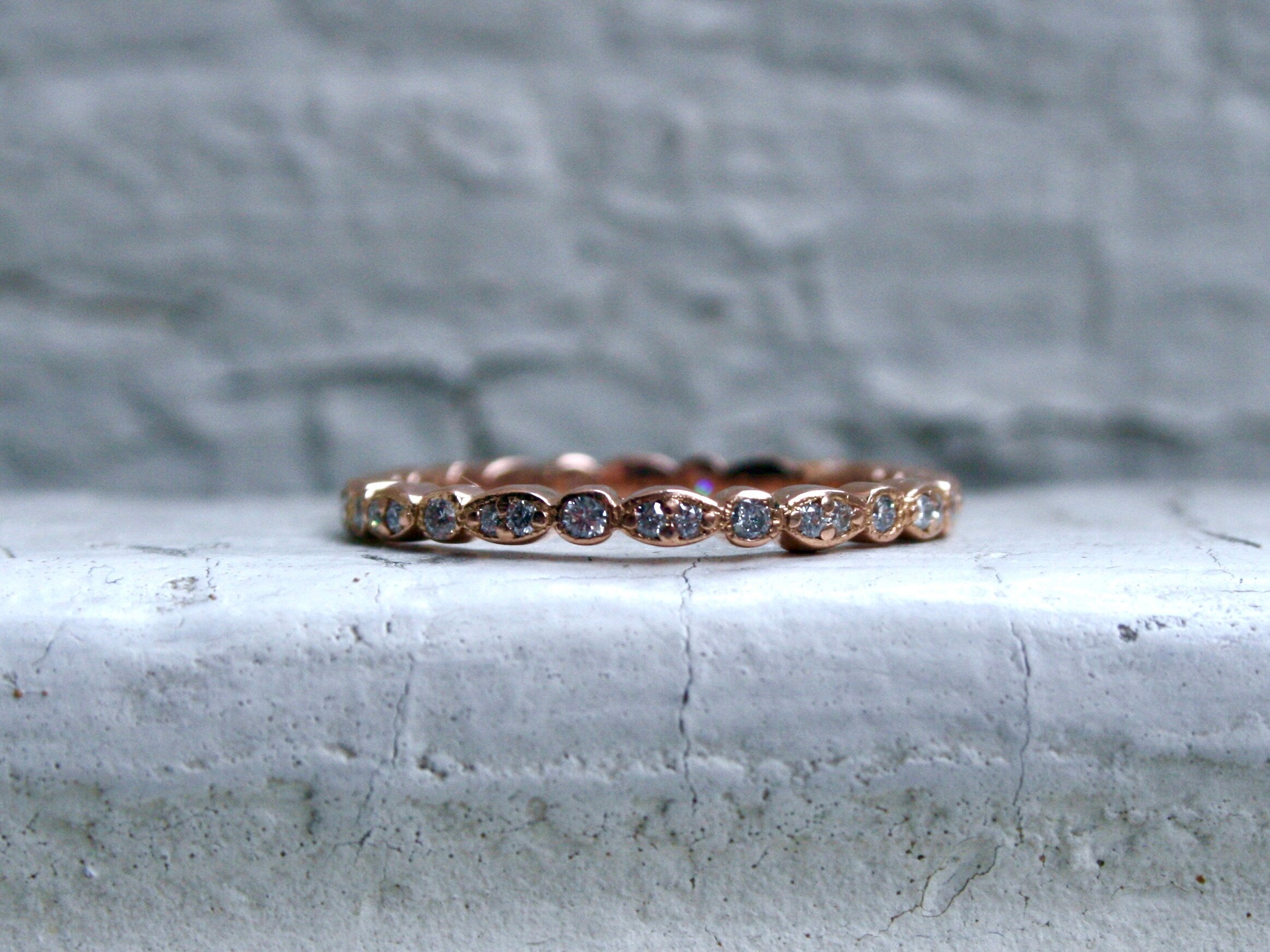 Vintage 14K Rose Gold Pave Diamond Eternity Wedding Band.