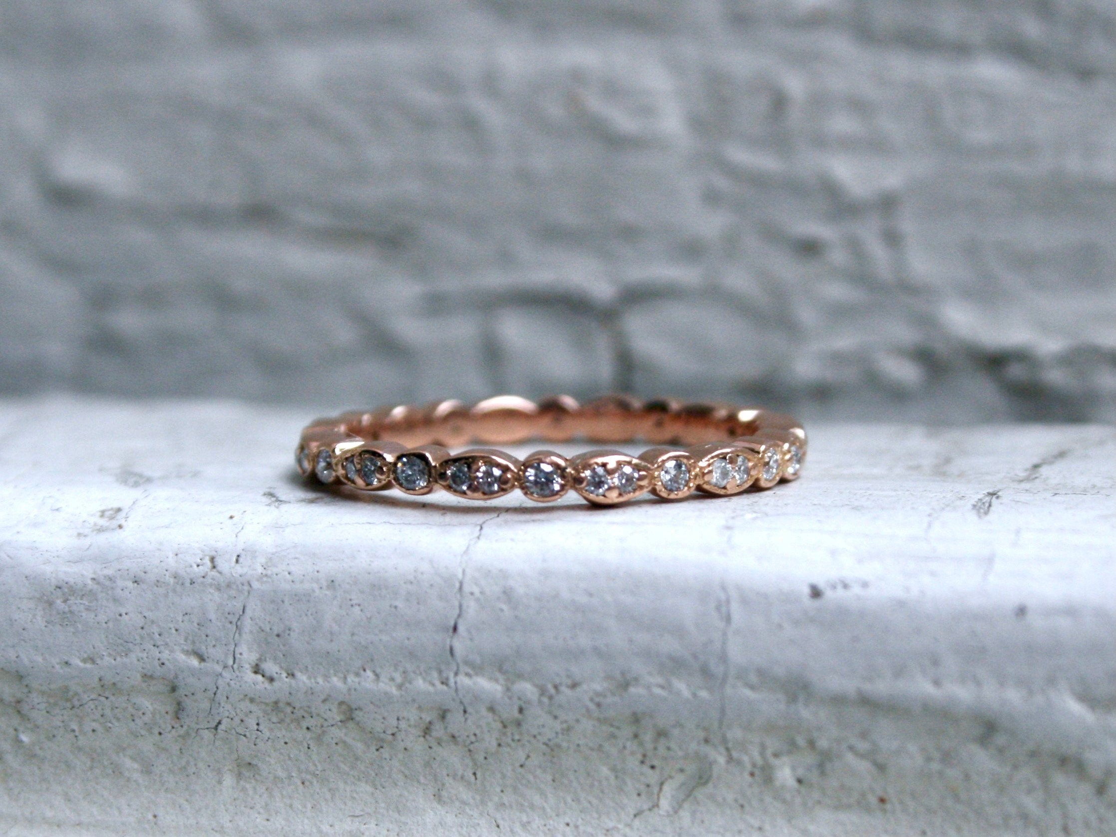 Vintage 14K Rose Gold Pave Diamond Eternity Wedding Band.