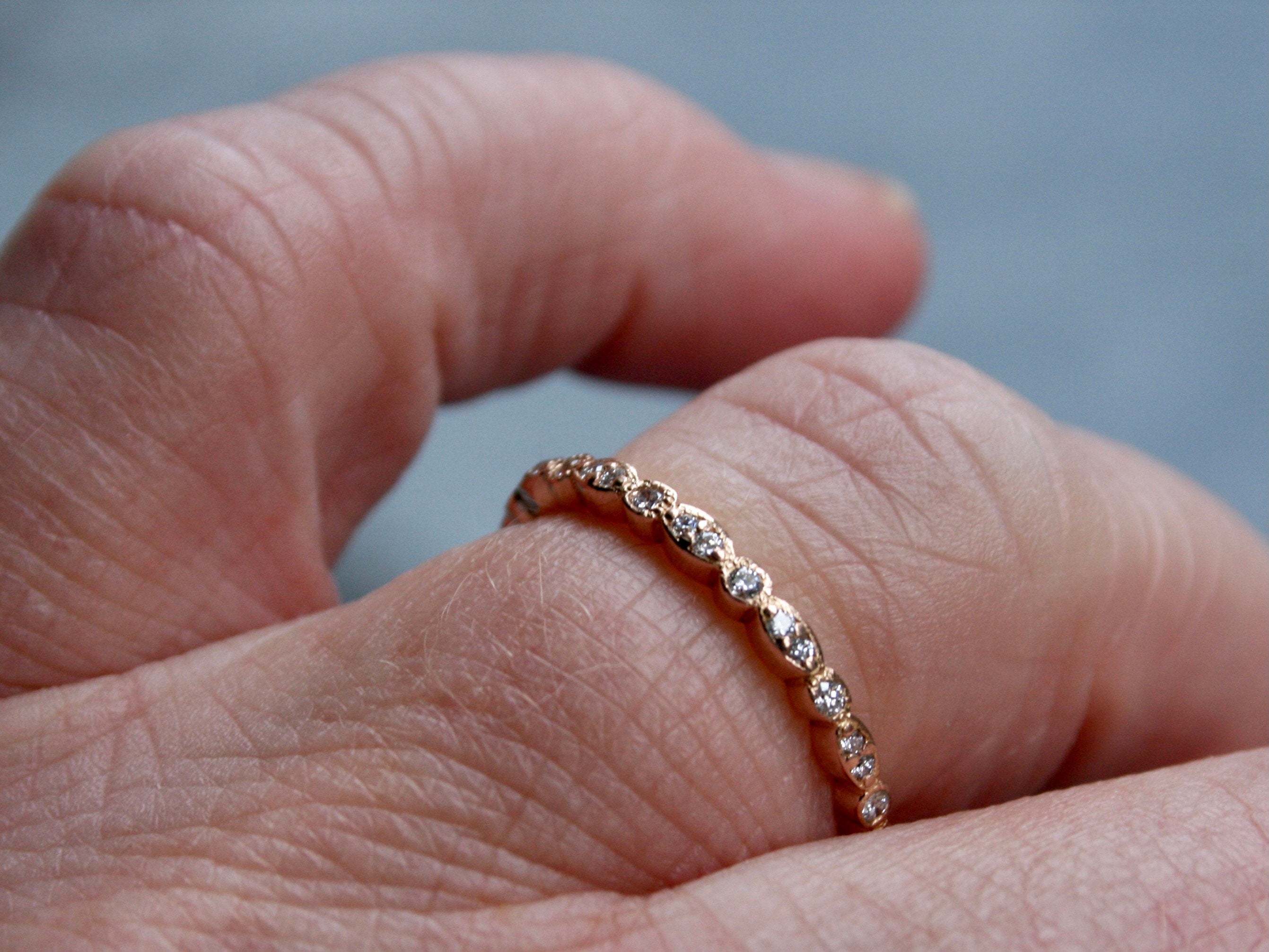 Vintage 14K Rose Gold Pave Diamond Eternity Wedding Band.