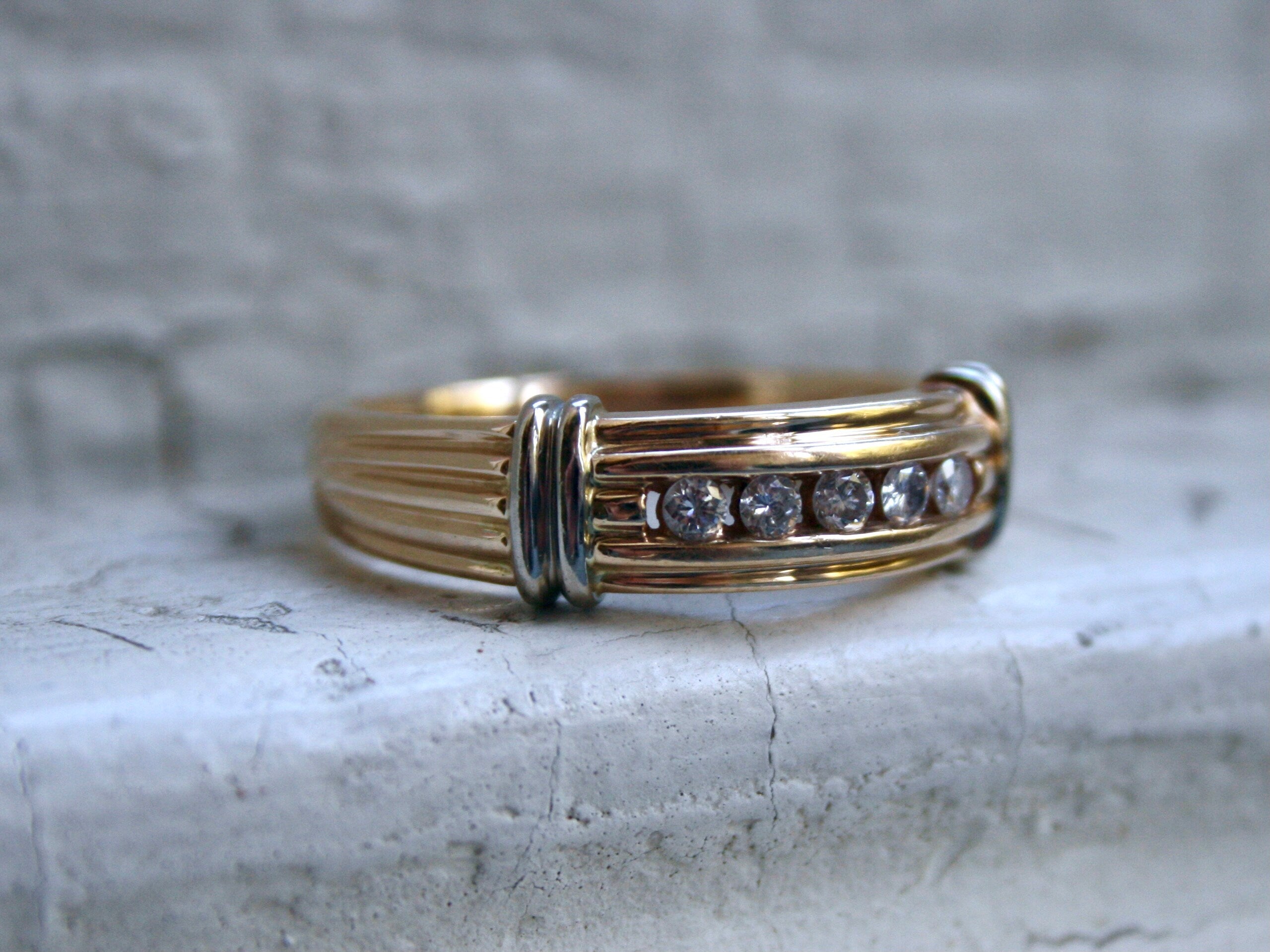 Vintage Ribbed Channel 14K Yellow Gold Diamond Wedding Band - 0.40ct