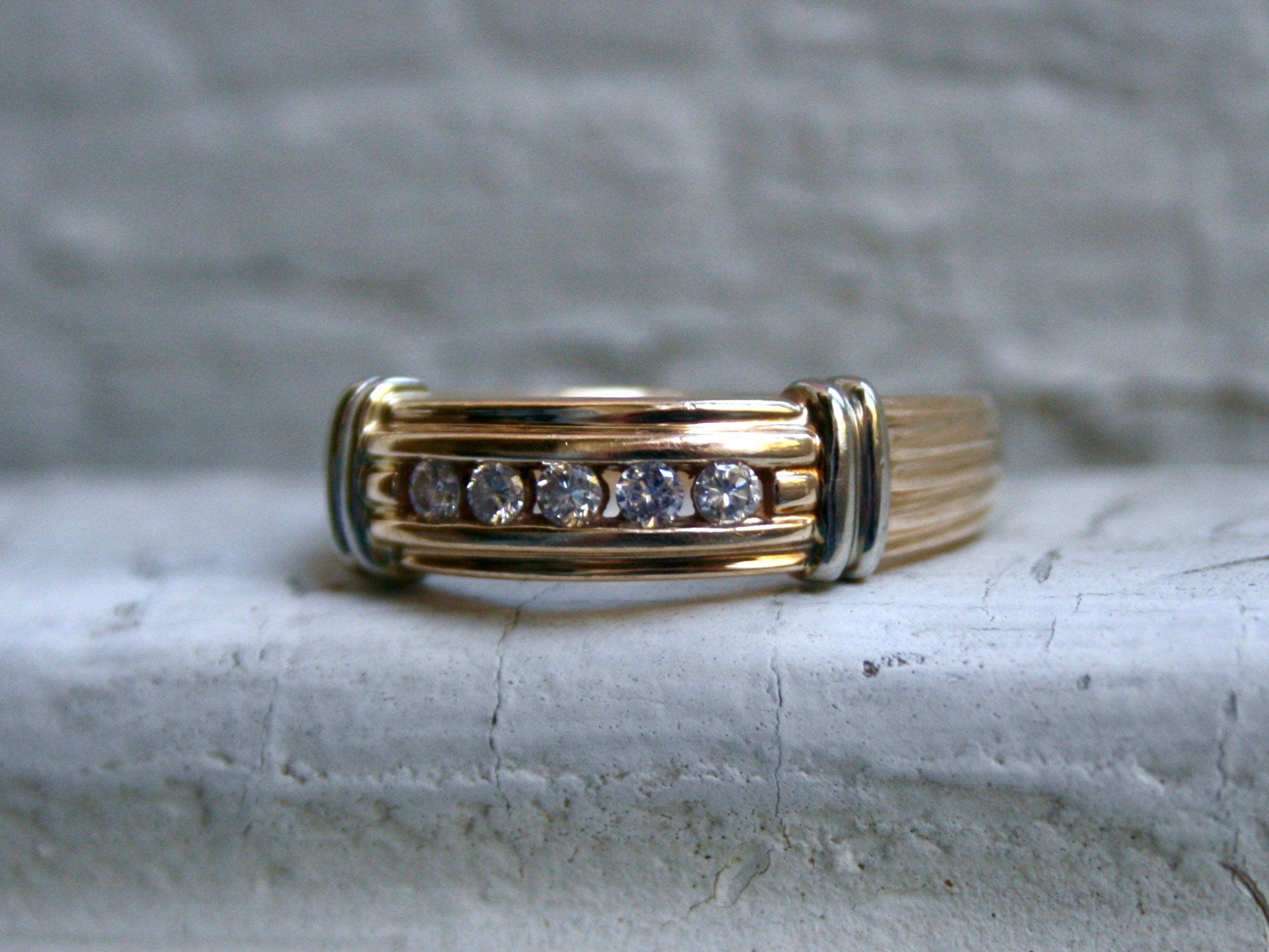 Vintage Ribbed Channel 14K Yellow Gold Diamond Wedding Band - 0.40ct