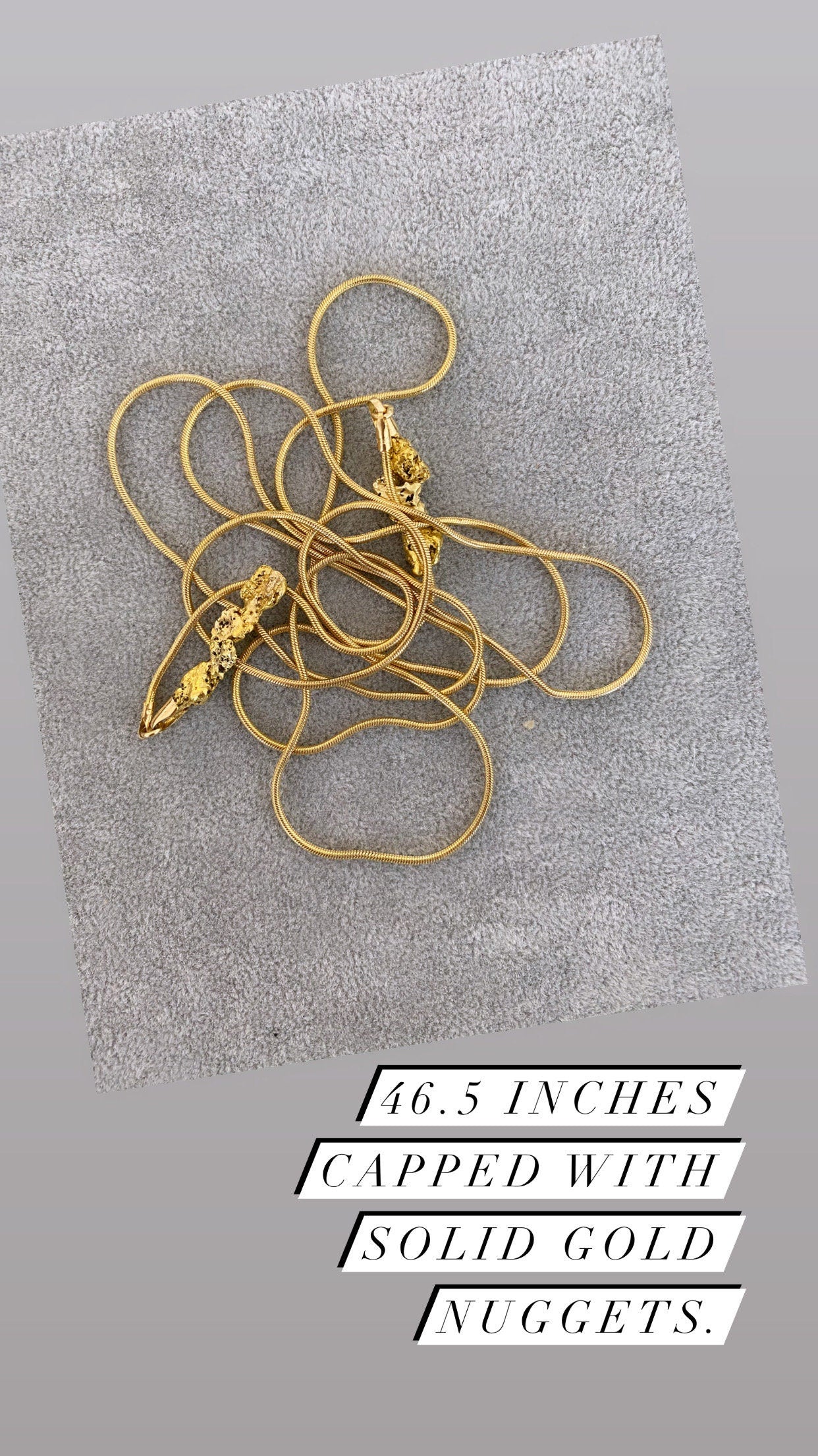 Vintage Italian 14K Yellow Gold Snake Chain Lariat with Gold Nugget Ends, 46.5 inches.
