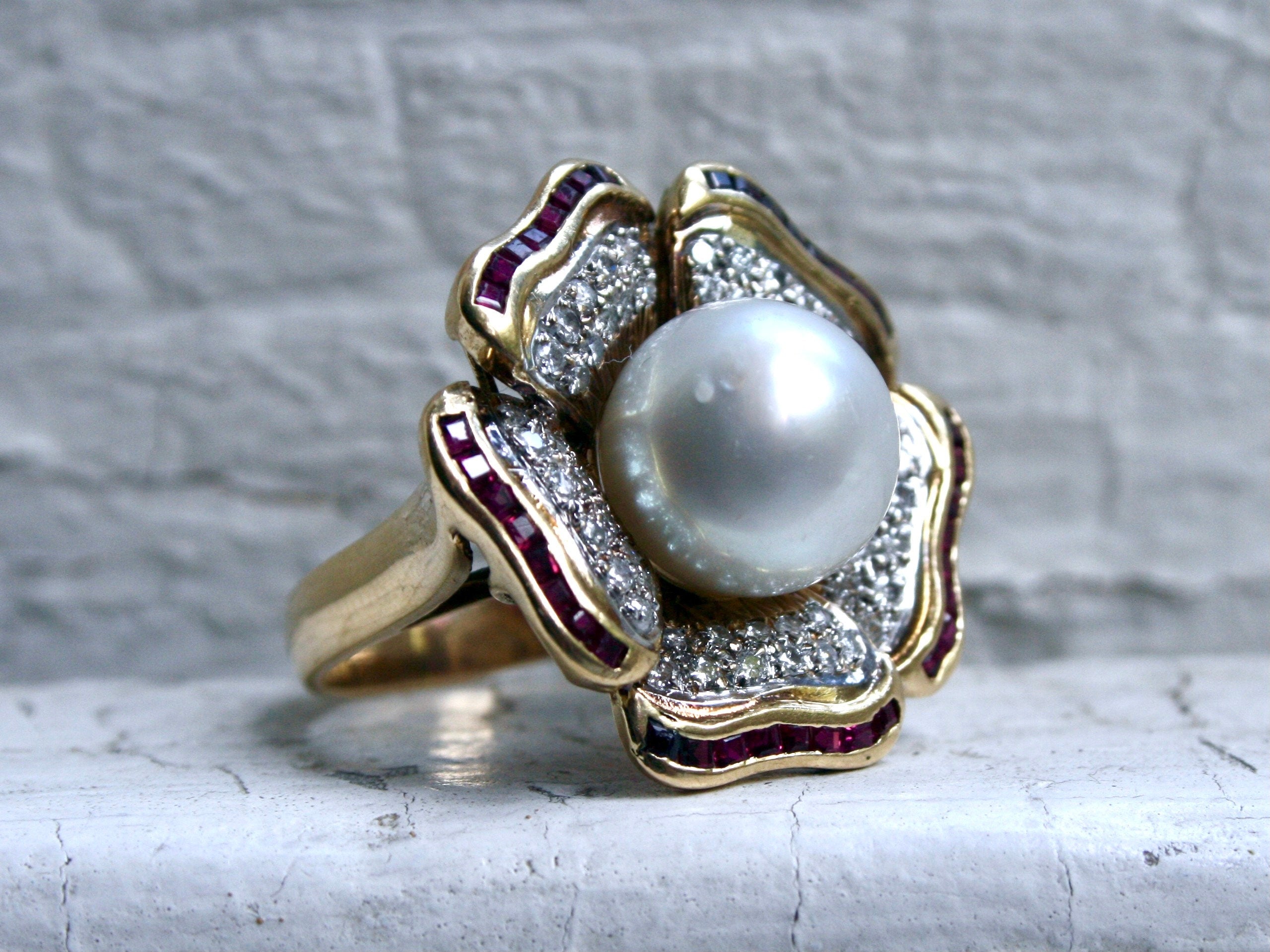 Gorgeous Vintage 18K Yellow Gold Diamond, Ruby, and South Sea Pearl Flower Cluster Ring.
