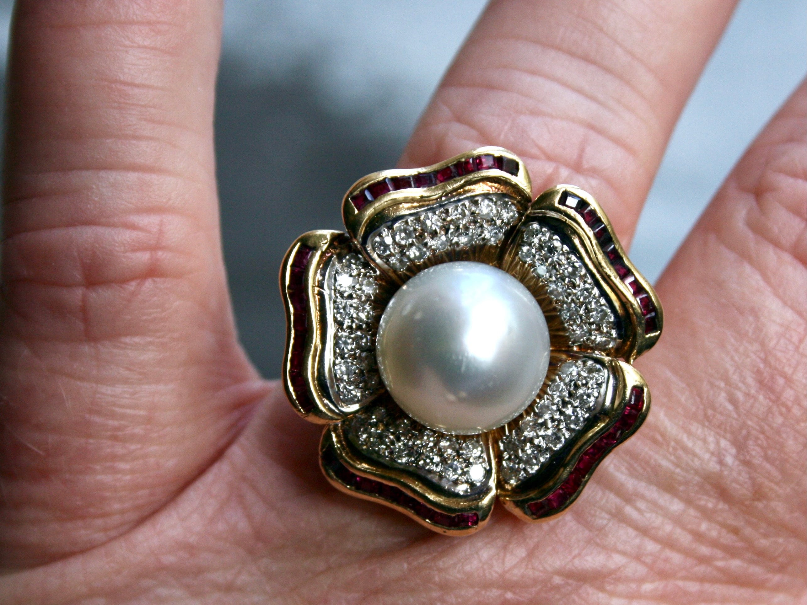 Gorgeous Vintage 18K Yellow Gold Diamond, Ruby, and South Sea Pearl Flower Cluster Ring.