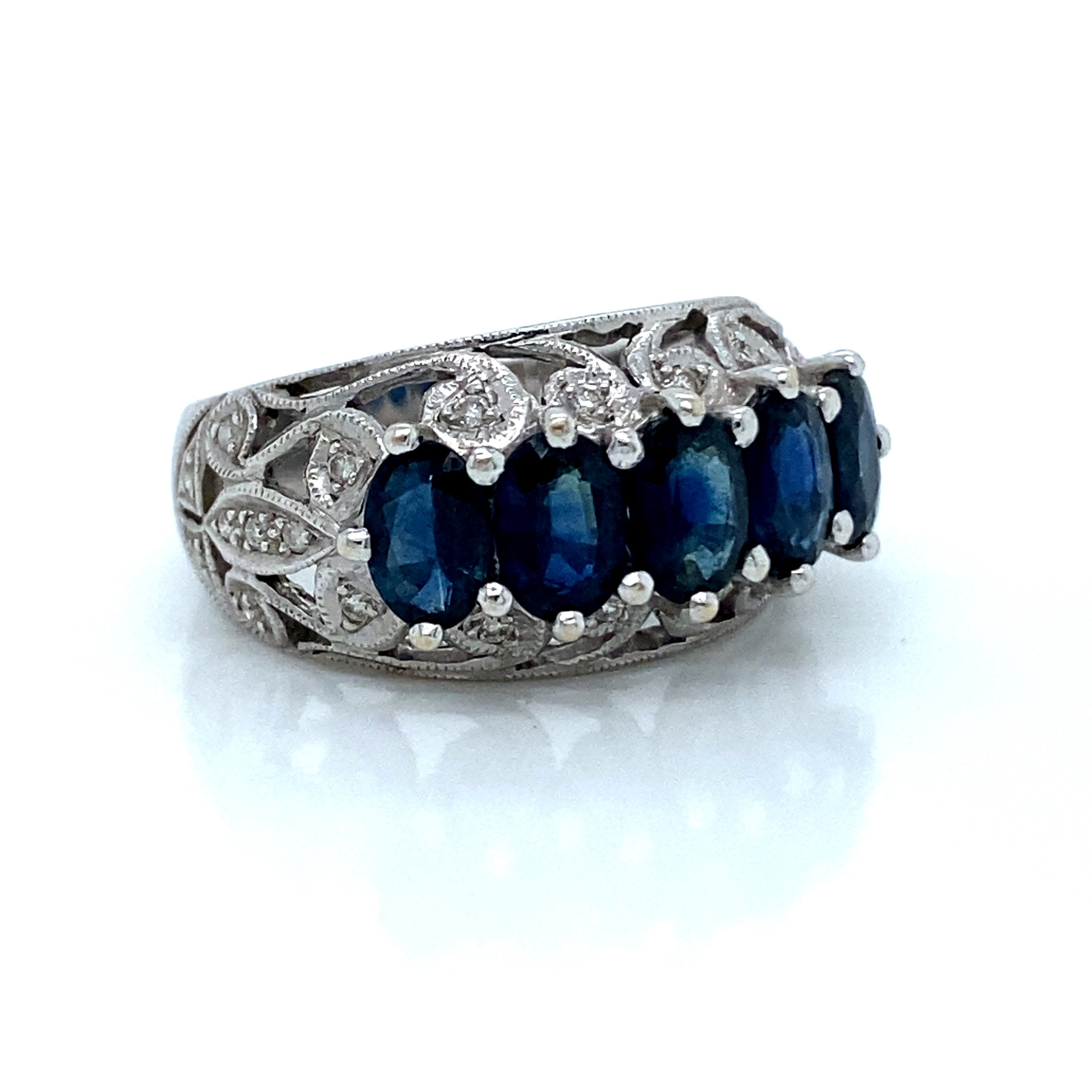 Vintage 14K White Gold Sapphire and Pave Diamond Engagement Ring Wedding Band - 2.79ct.