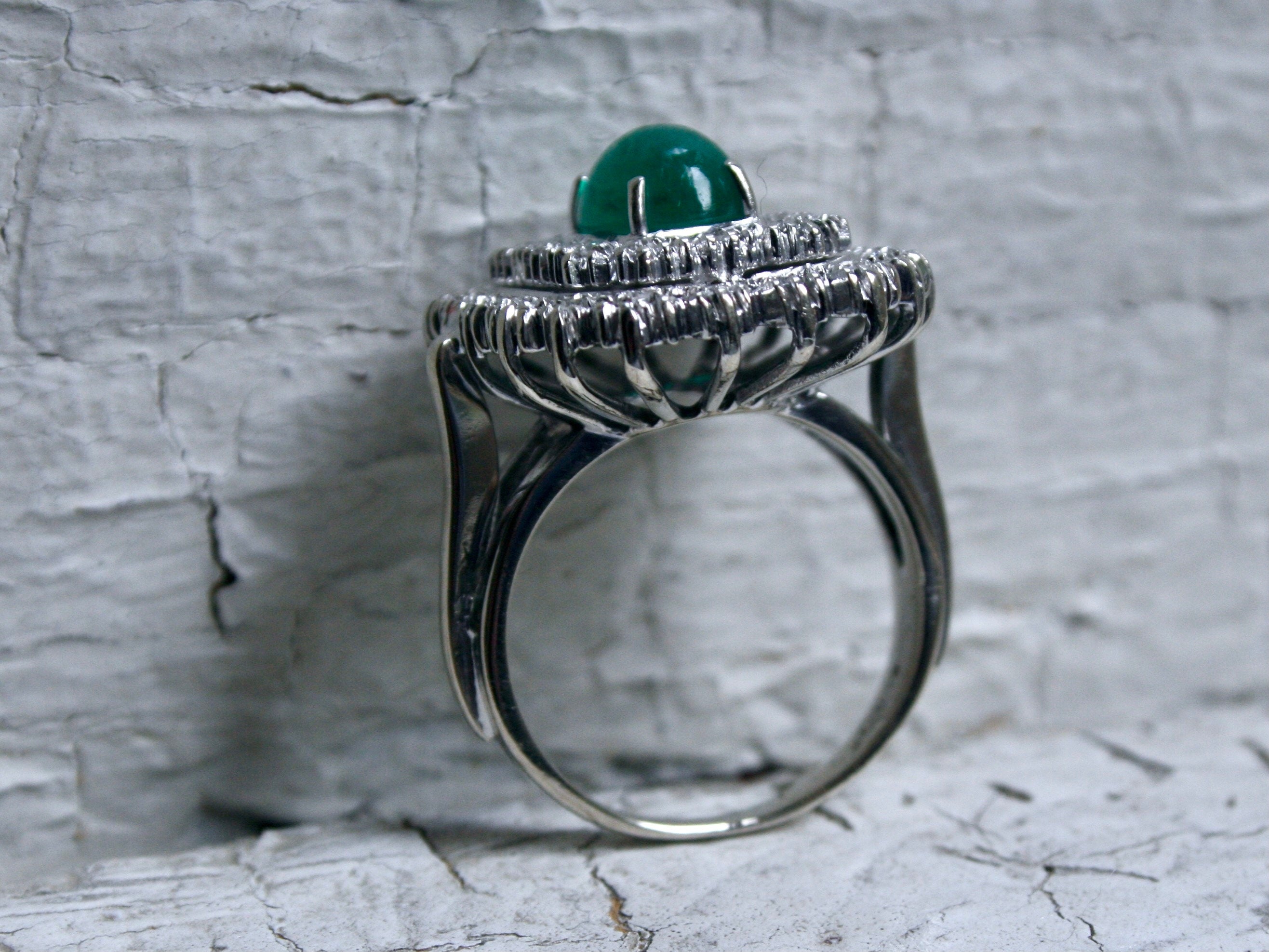 Gorgeous Vintage 18K White Gold Cabochon Emerald and Diamond Double Halo Ring Engagement Ring - 2.18ct.