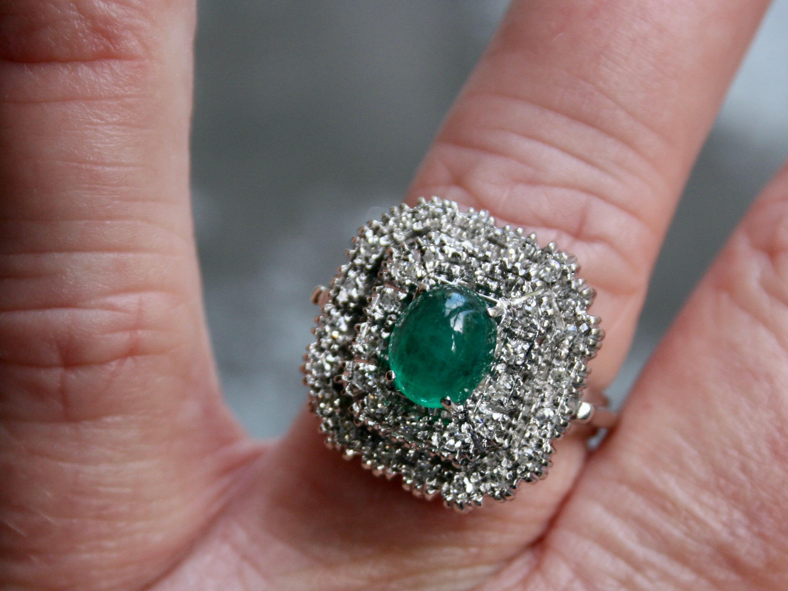 Gorgeous Vintage 18K White Gold Cabochon Emerald and Diamond Double Halo Ring Engagement Ring - 2.18ct.