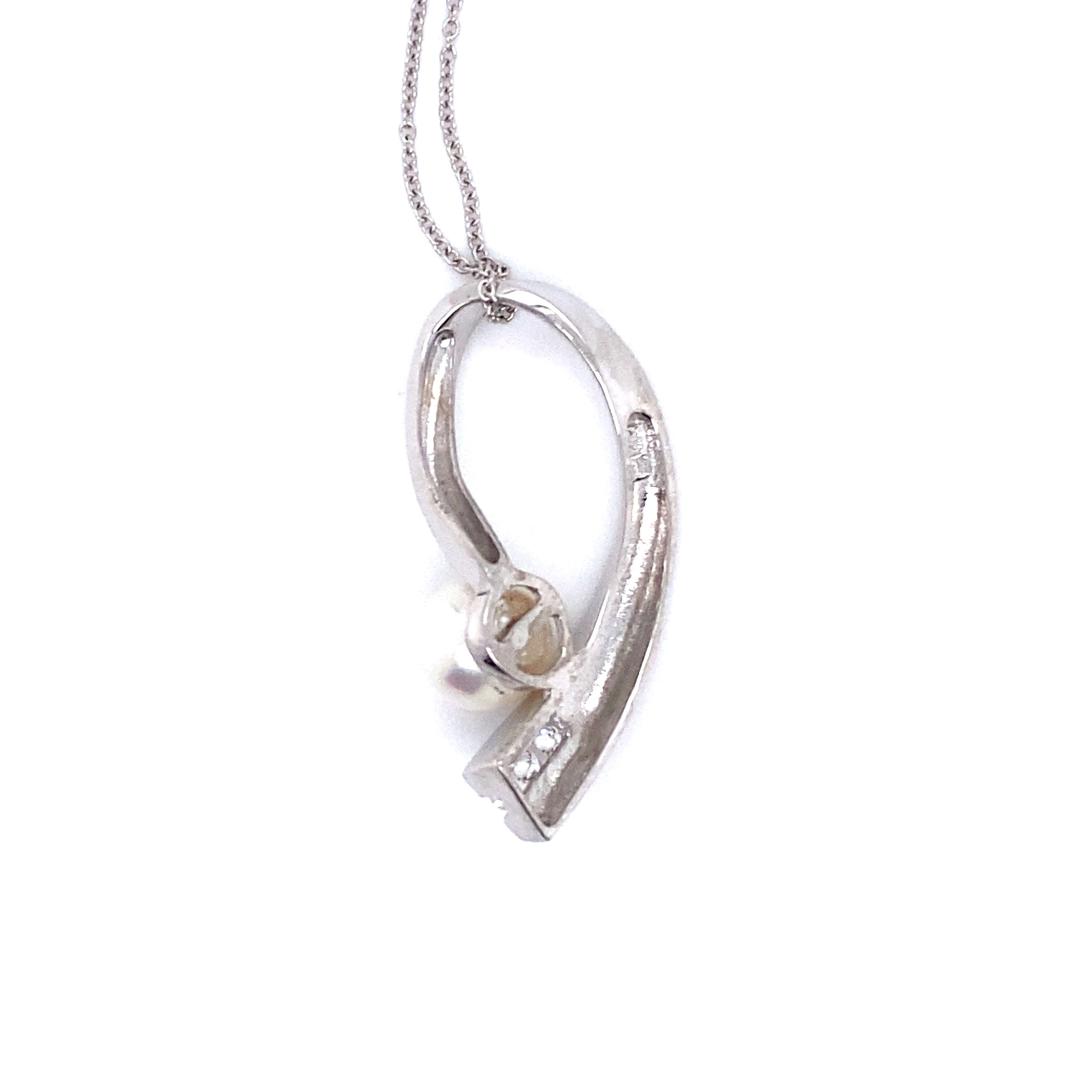 Vintage 14K White Gold Diamond and Pearl Abstract Pendant with Chain.