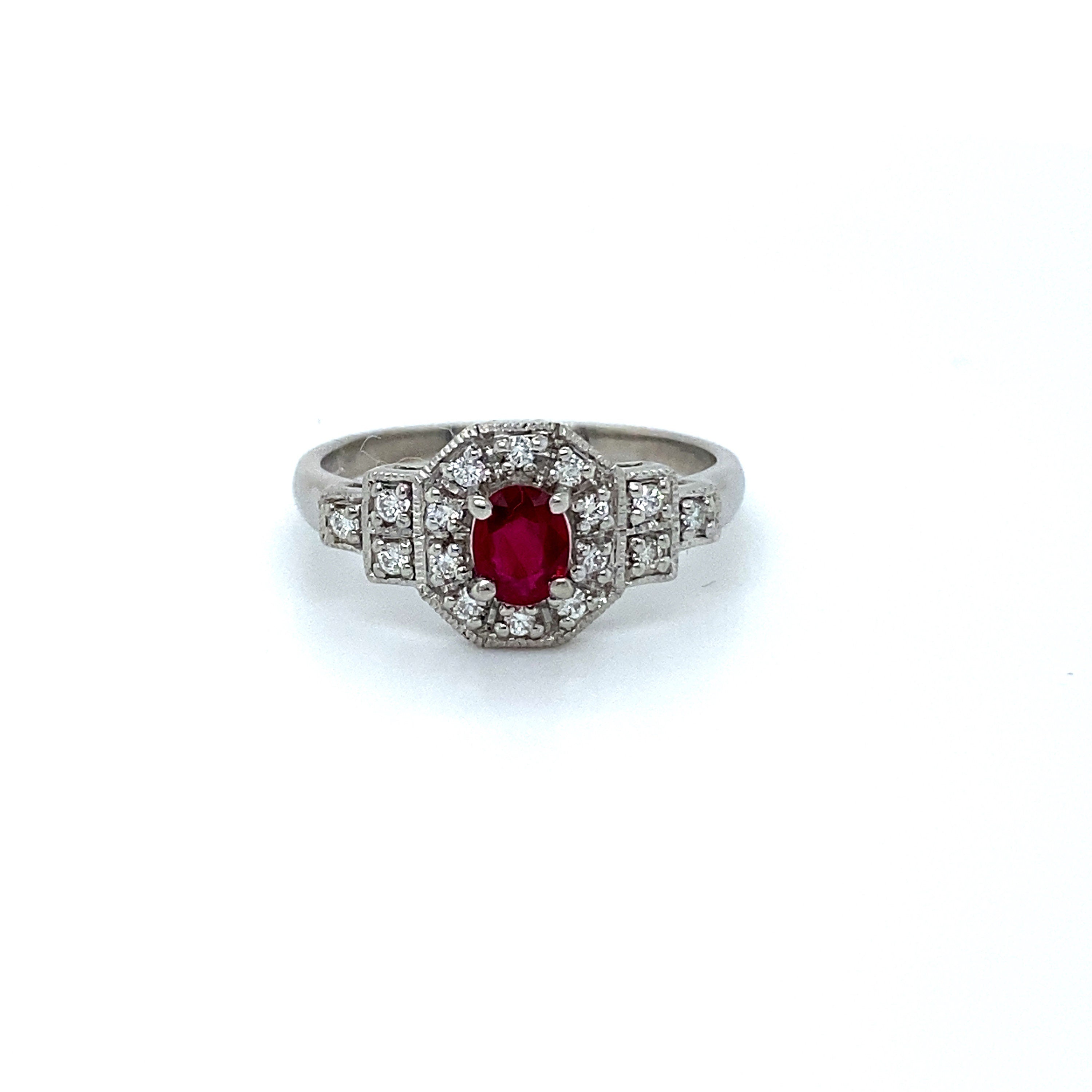 Lovely Art Deco Platinum Diamond and Ruby Ring Engagement Ring Wedding Ring- 0.82ct.