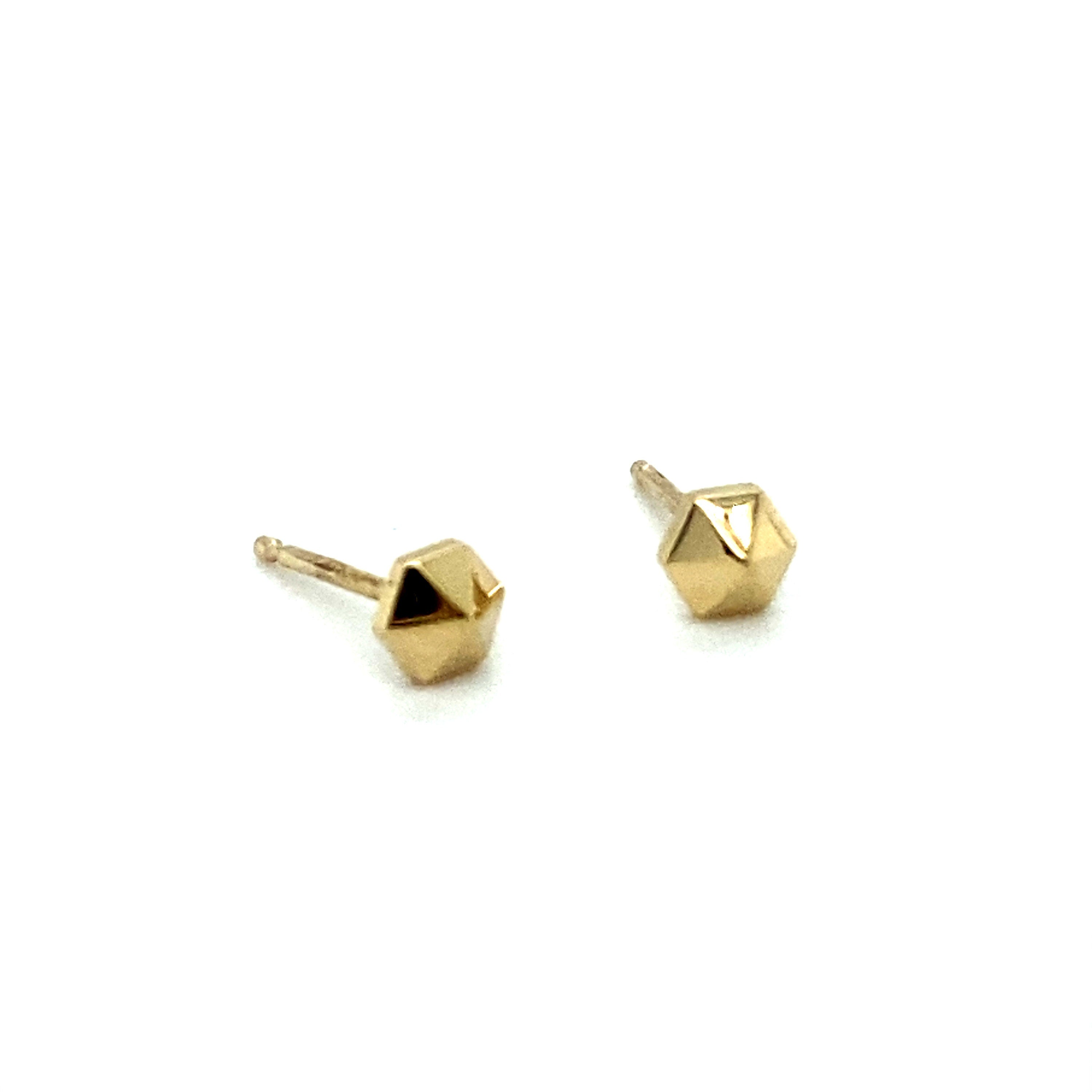 14K Gold Hexagon Stud Earrings, Geometric Minimalist Style