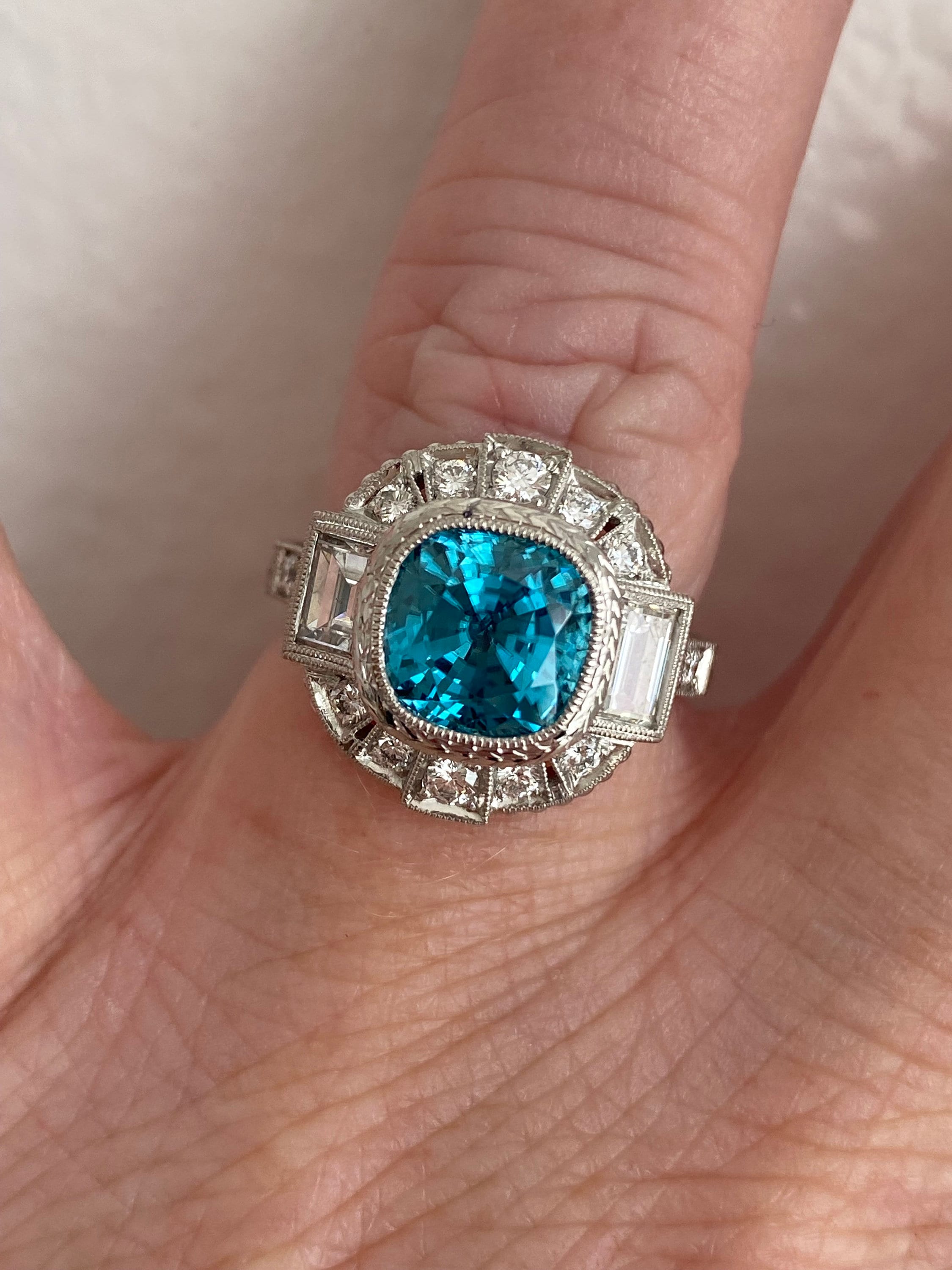 Stunning Platinum Diamond and Blue Zircon Ring Engagement Ring - 6.50ct.