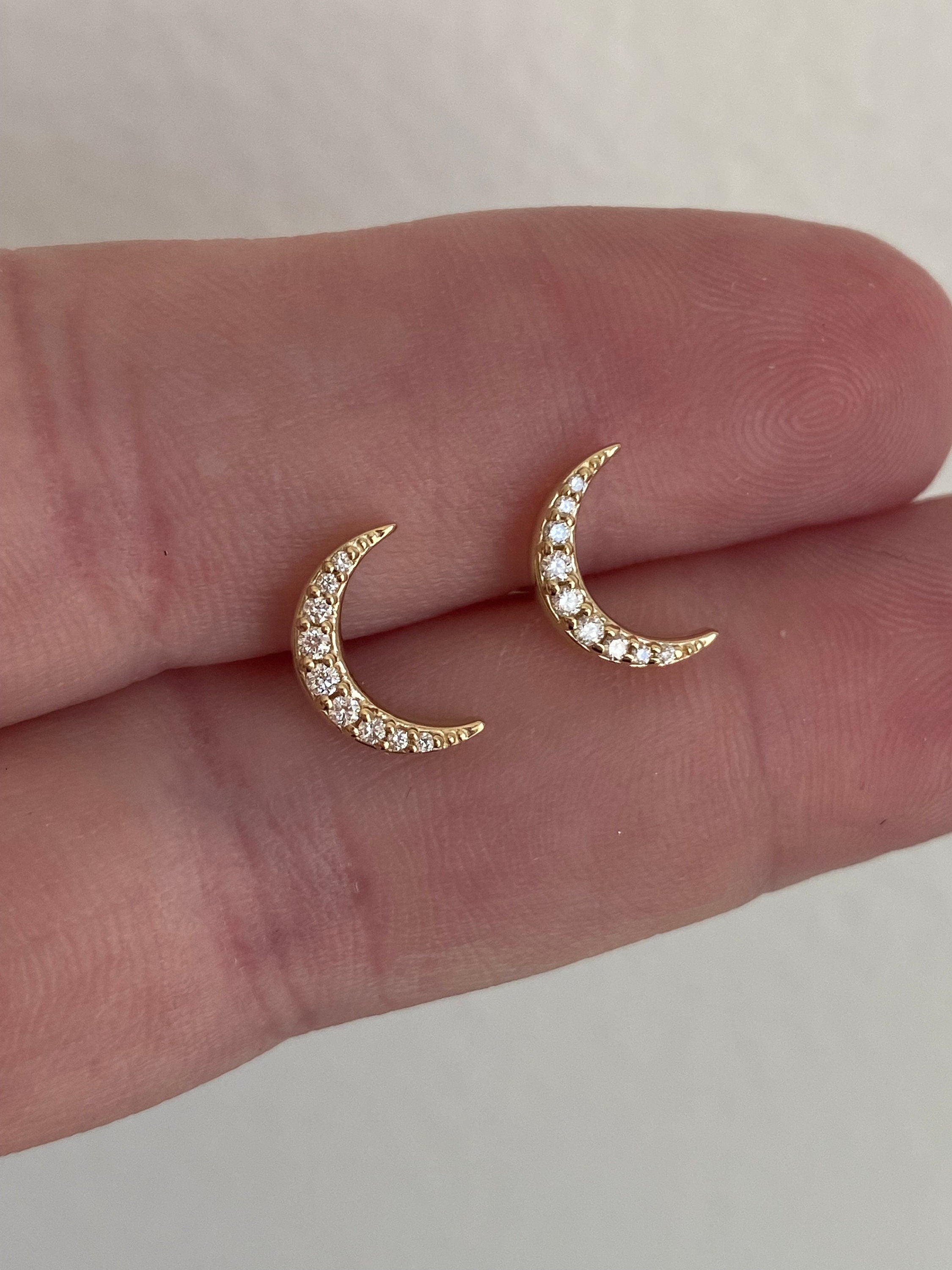 Crescent Moon Diamond Stud Earrings in Solid 14K Gold - White.