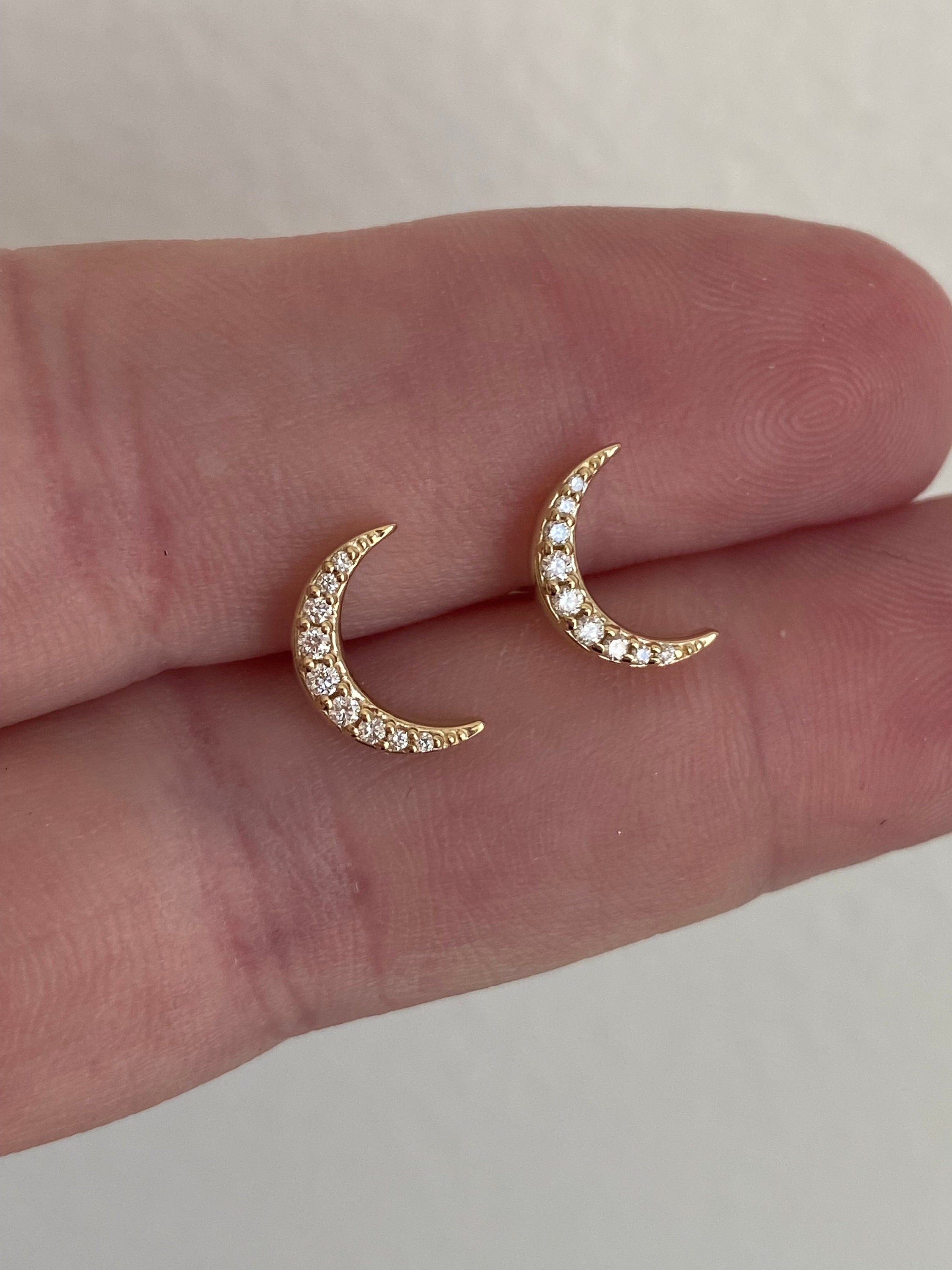 Crescent Moon Diamond Stud Earrings in Solid 14K Gold.