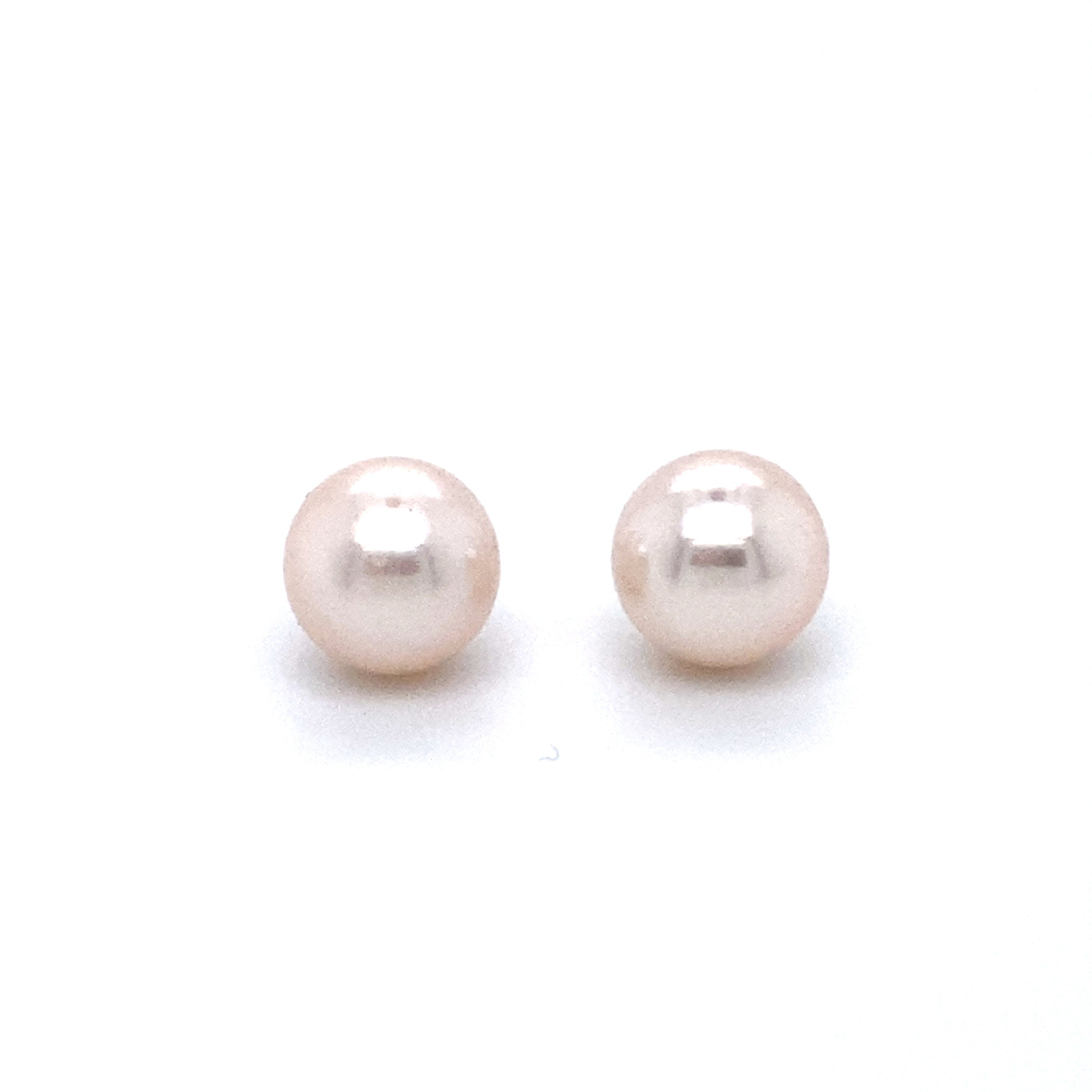 Classic Akoya Pearl Stud Earrings with Solid 14K White Gold Post and Back, 7mm.