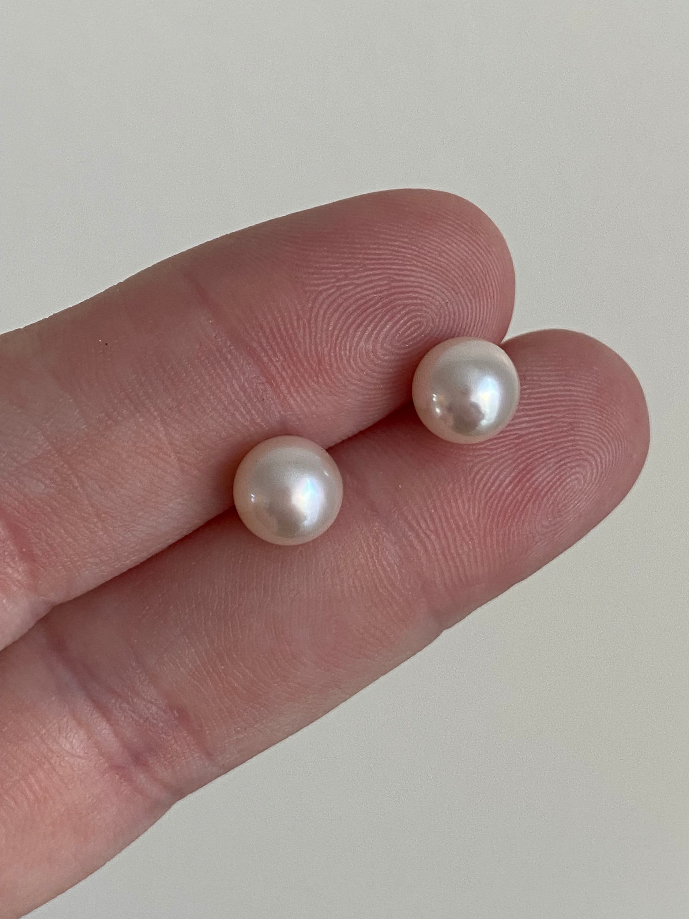 Classic Akoya Pearl Stud Earrings with Solid 14K White Gold Post and Back, 7mm.