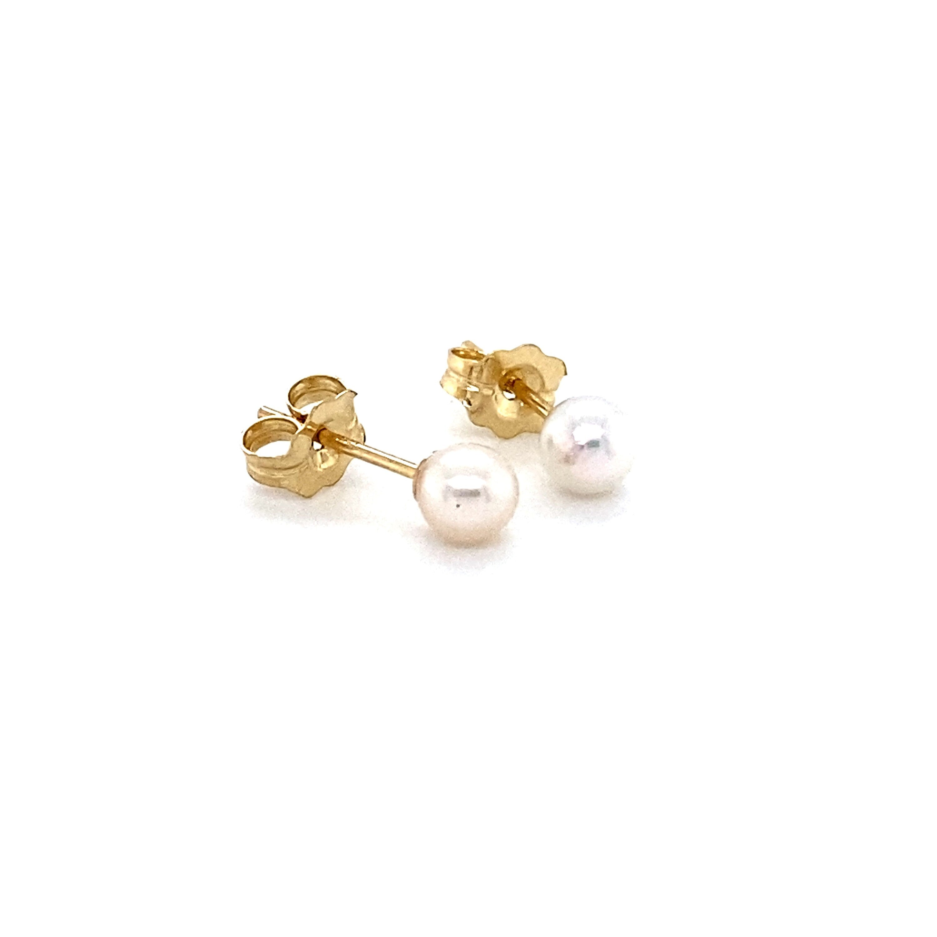 Classic Akoya Pearl Stud Earrings with Solid 14K Yellow Gold Post and Back, 4mm.