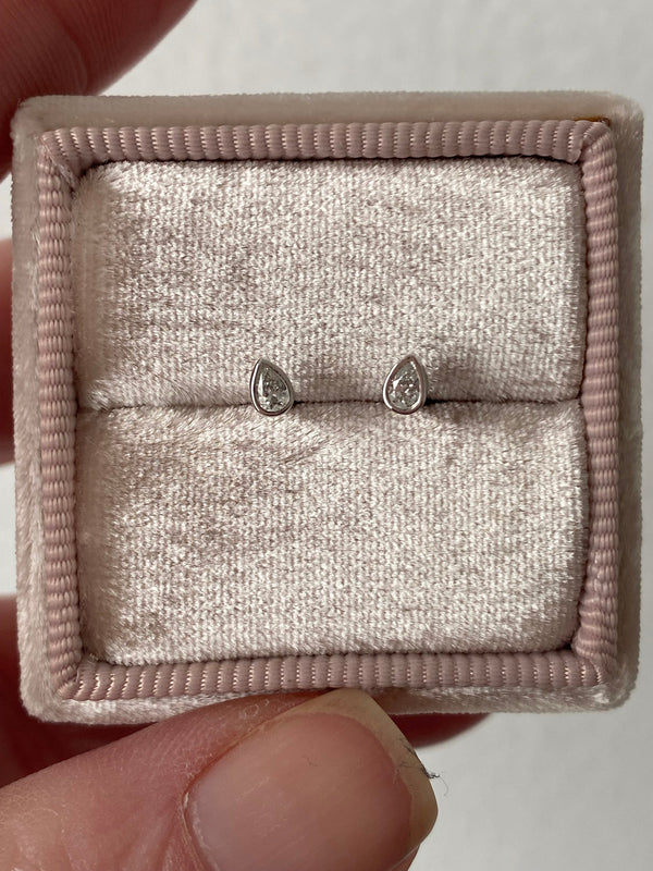 Pear Cut Diamond Stud Earrings, 14K White Gold Bezel Set