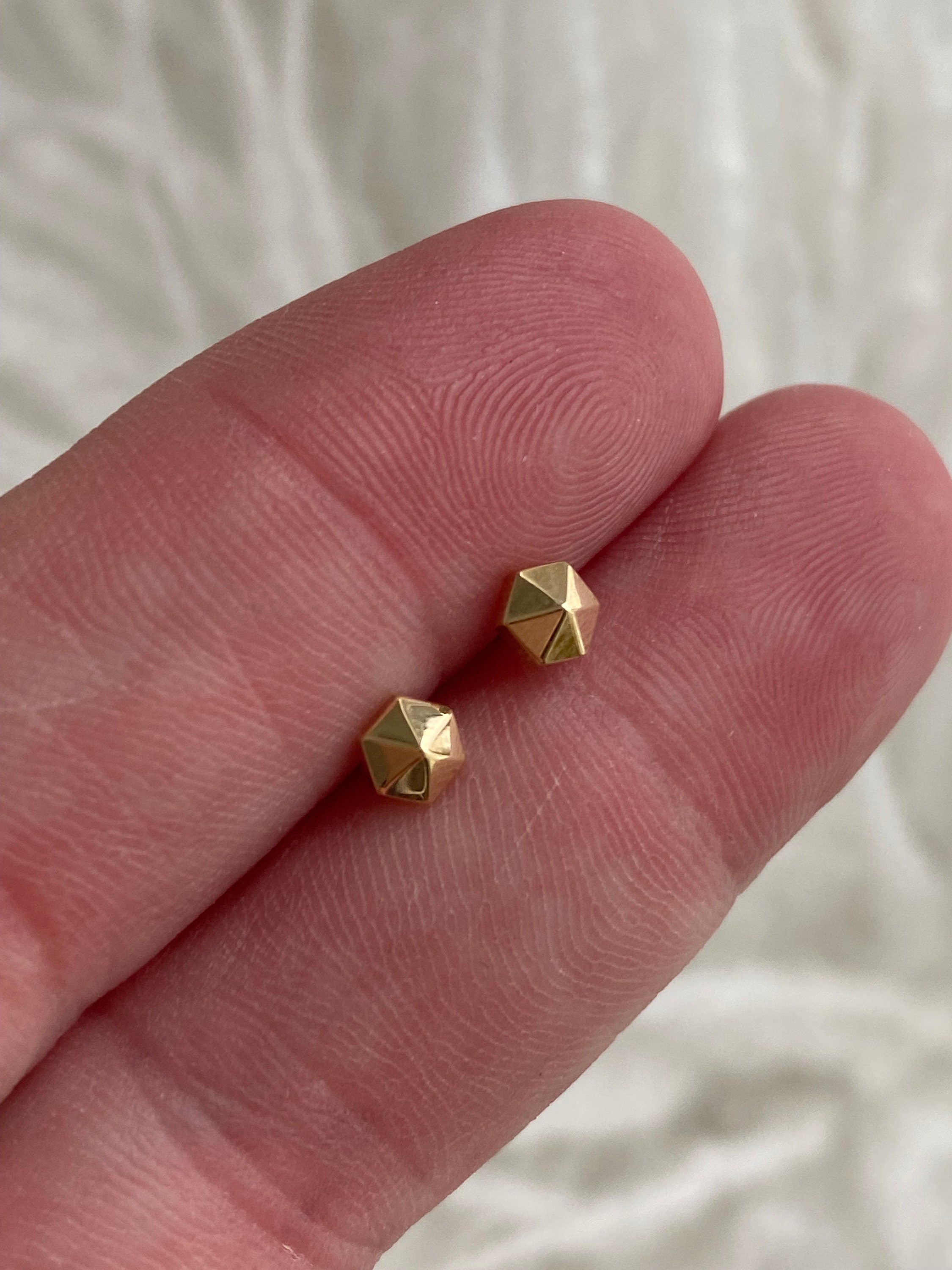 14K Gold Hexagon Stud Earrings, Geometric Minimalist Style