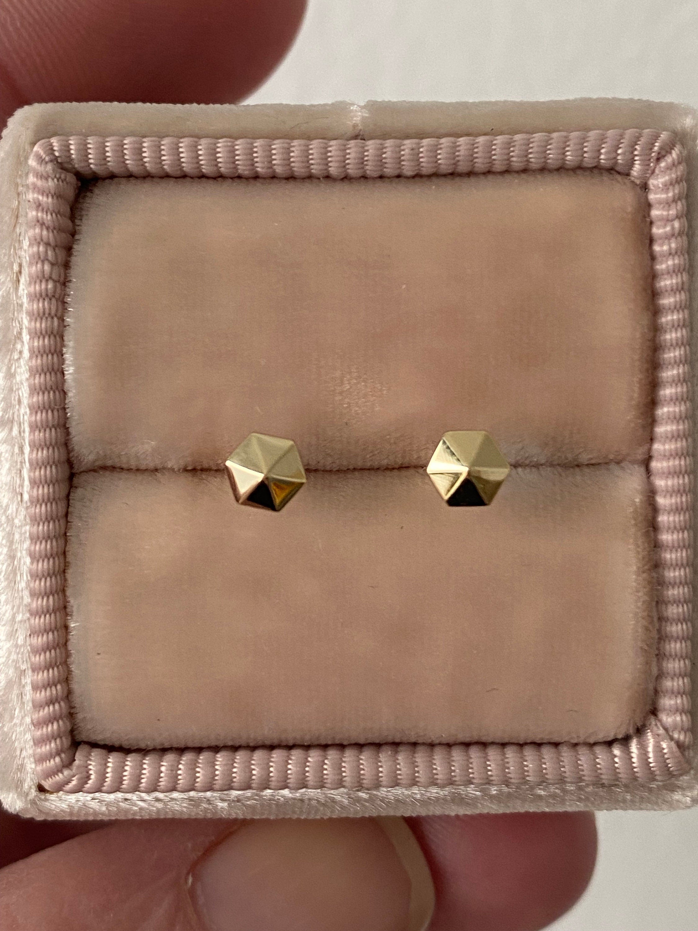 14K Gold Hexagon Stud Earrings, Geometric Minimalist Style